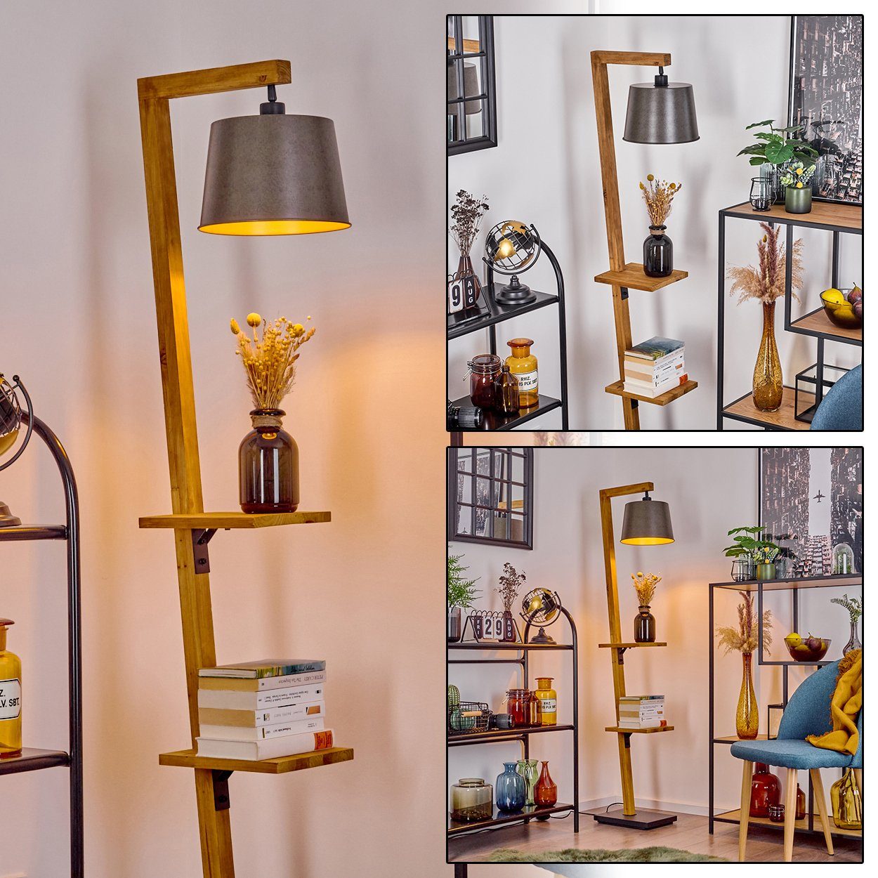 hofstein Stehlampe moderne Stehlampe aus Metall/Holz in Schwarz/Natur/Nickel-Antik/Gold, ohne Leuchtmittel, m. verstellbarem Schirm, Fußschalter u. Ablageflächen, 164 cm, 1 x E27