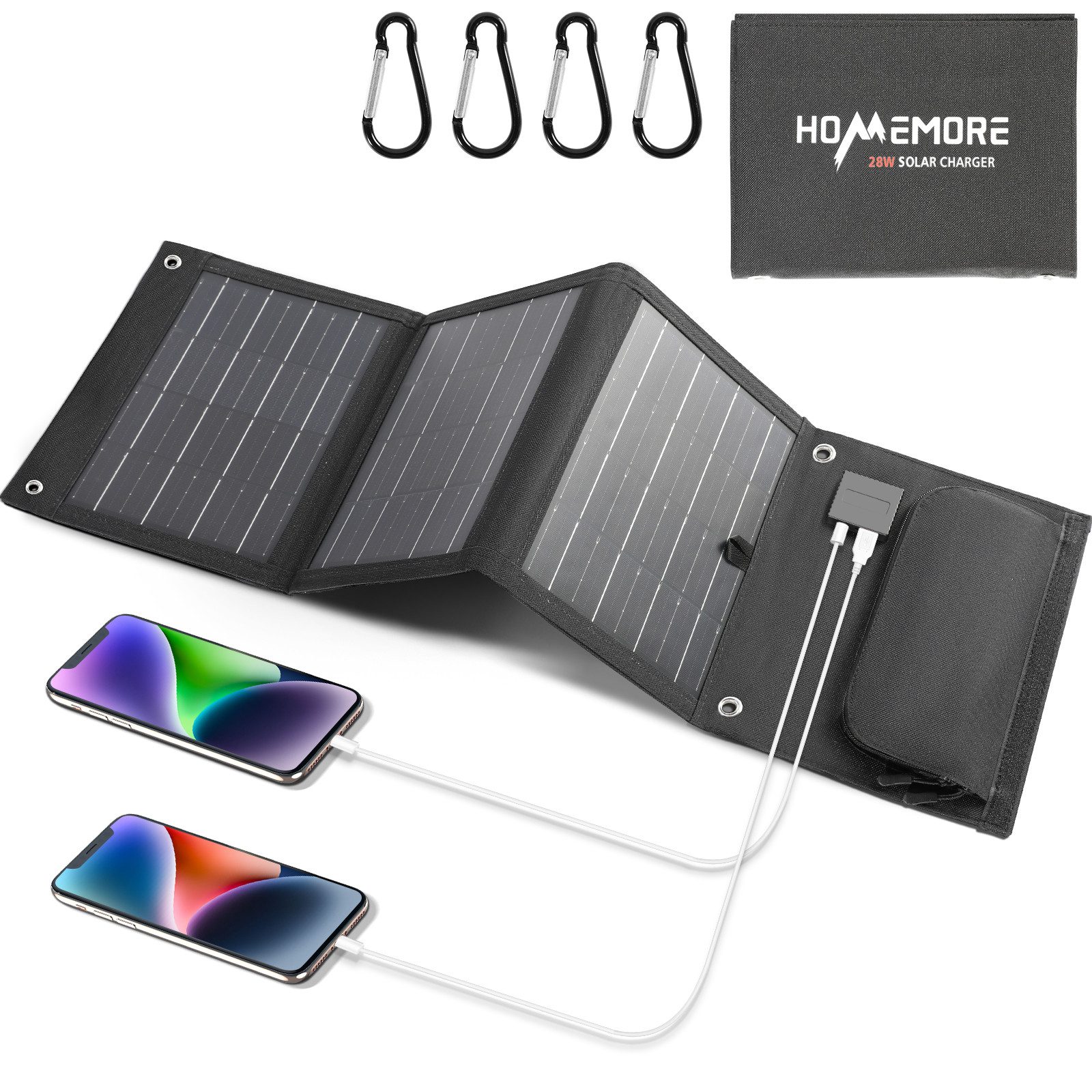 HOMEMORE Tragbares 28W Solarpanel Faltbar Solarmodul Solartasche Solarladegerät (mit QC3.0-USB-A/Typ-C Anschluss, für Handy Tablet Powerbank Kamera usw)