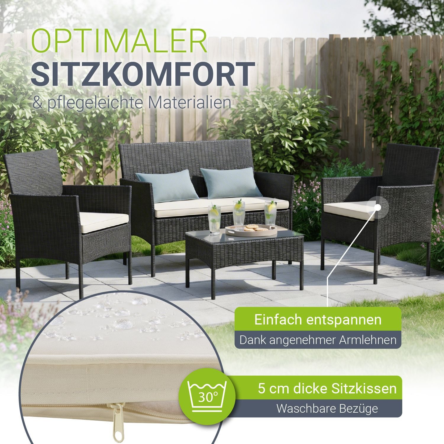 Juskys Gartenlounge-Set Fort Myers, wetterfeste Polyrattan Sitzgruppe für 4 Personen