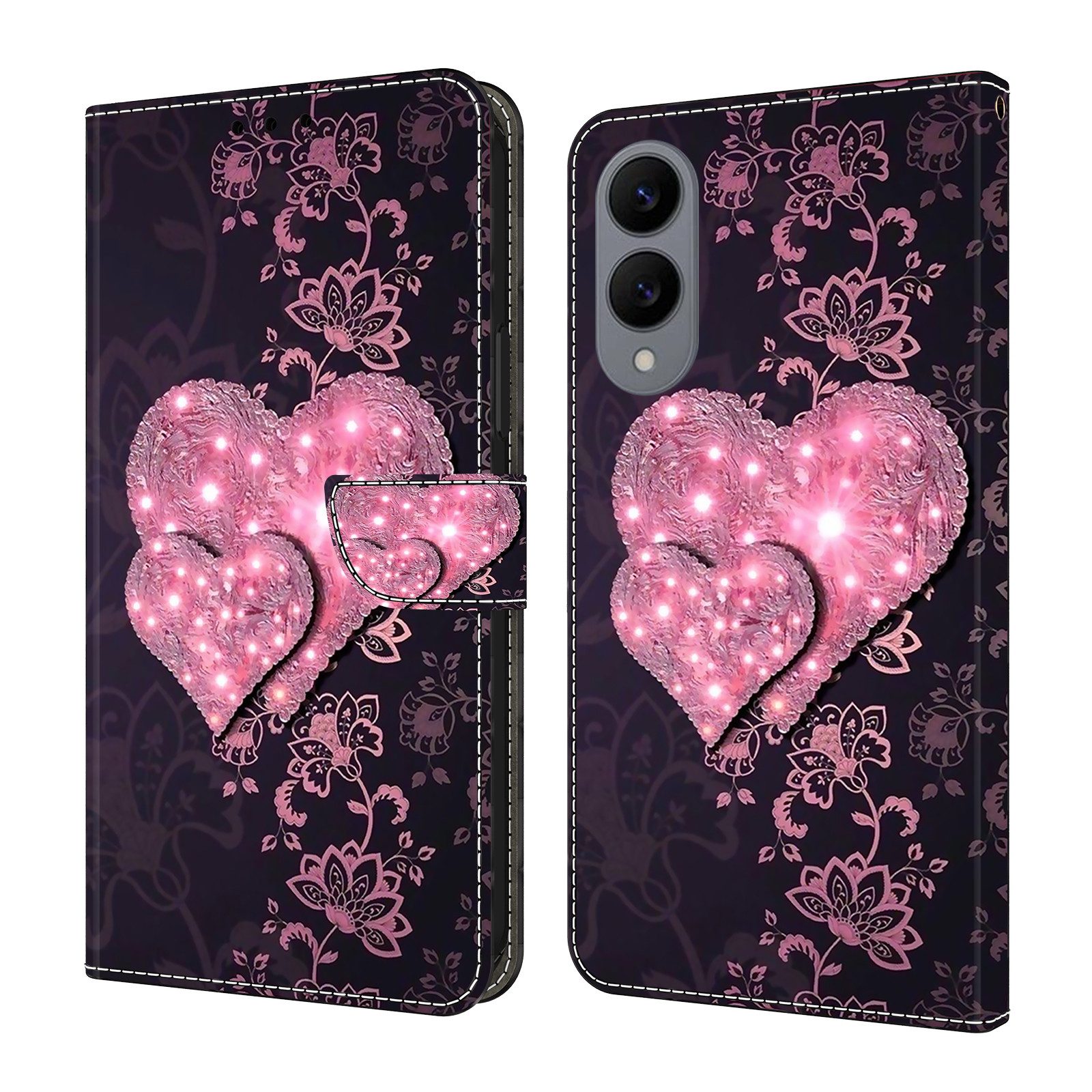 CLM-Tech Handytasche für Samsung Galaxy S25 Edge Hülle aus PU-Leder Klapphülle (rosa Herzen, Handyhülle mit Standfunktion - Wallet Flip Case inklusive Kartenfächer), Cover Magnetverschluss - Schutzhülle