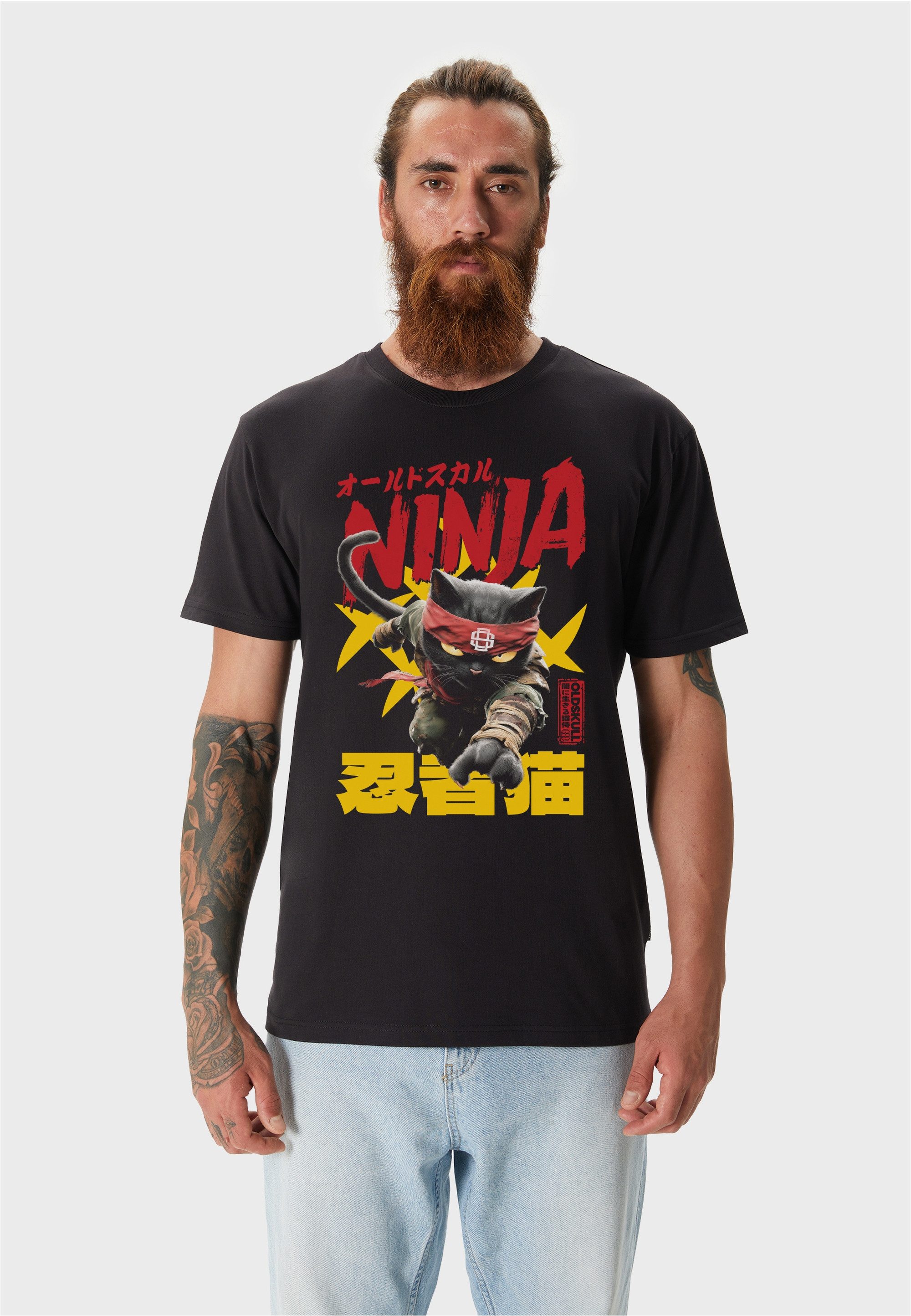 Oldskull T-Shirt Asian Ninja Cat Graphic mit modern gestaltetem, fernöstlichem Motiv