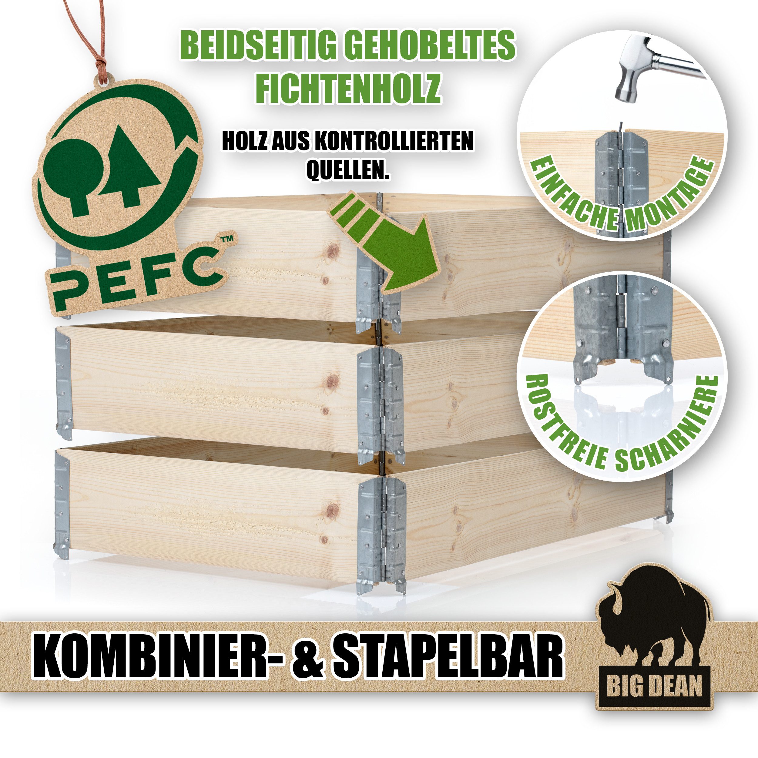 BigDean Hochbeet 3 Stück Hochbeet für Garten Holz Beet Hochbeete-Kit Palettenrahmen (Set, 3 St., Palettenrahmen), Hochbeet Palettenrahmen, Gehobelt, Unbehandelt, Natürlich