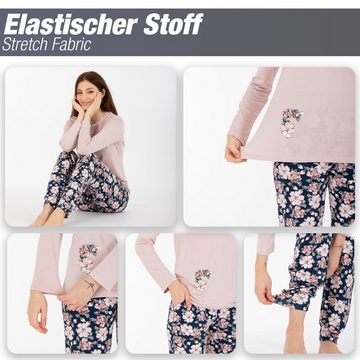 LOREZA Schlafanzug Schlafanzug Pyjama langarm- Blumen - Bunt (Set, 2 tlg)