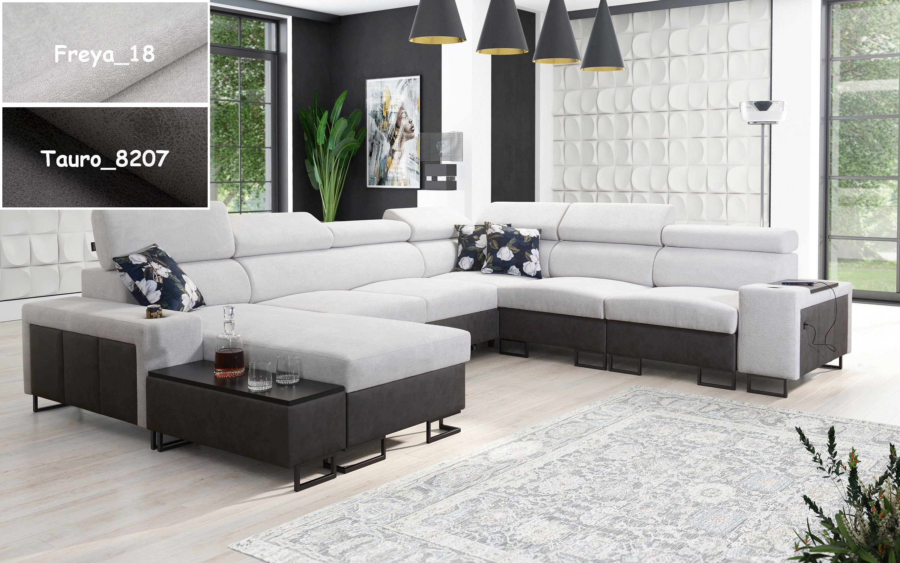 Möbel für Dich Wohnlandschaft XXL Melody VIII in U Form, mit Ablagen, Becherhalter, USB-Ladebüchse, Beistelltisch, 3 Bettkästen