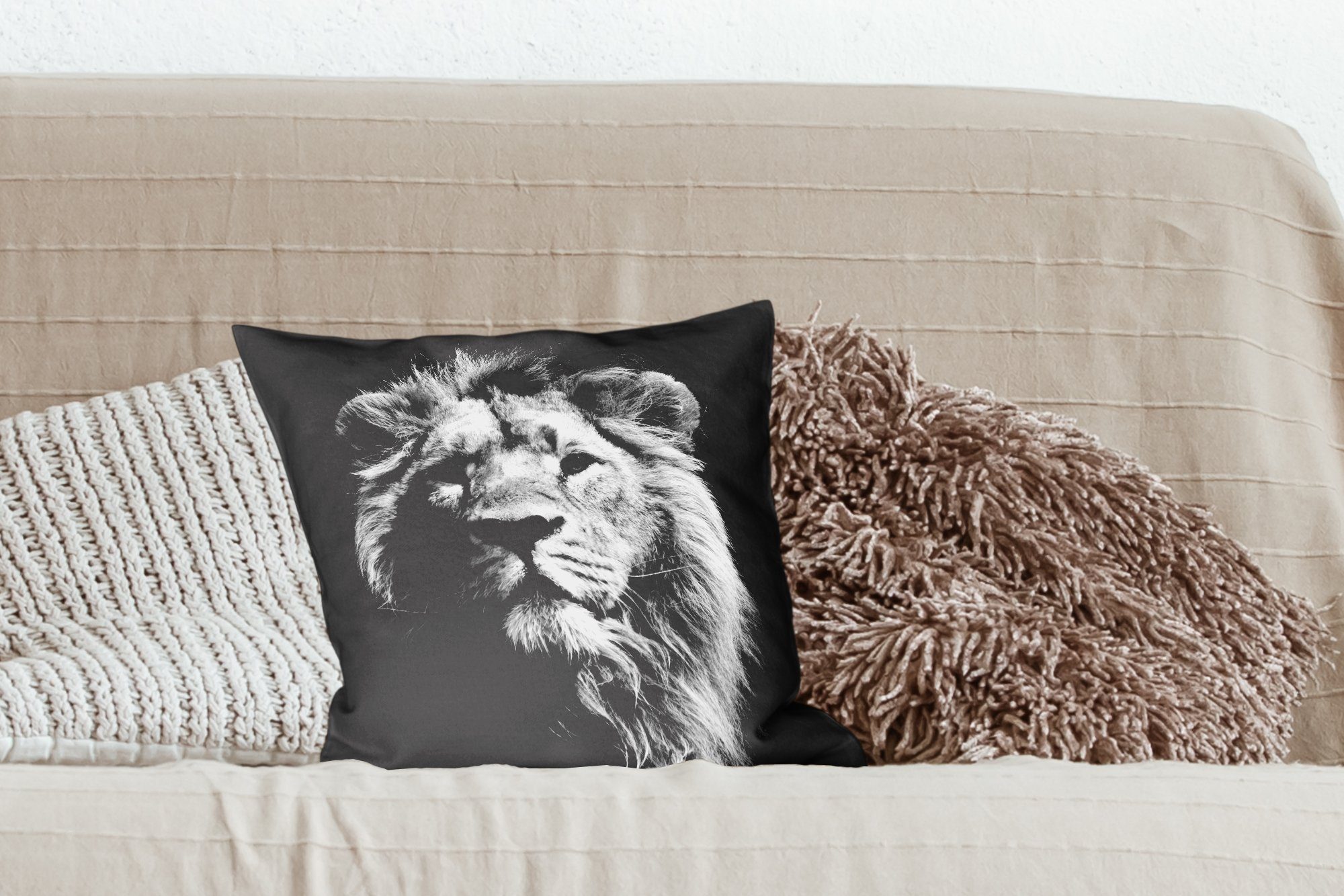 Löwe Tier Deko, Dekokissen Wohzimmer, Zierkissen - - Schlafzimmer, Füllung Sofakissen Schwarz Weiß, mit für MuchoWow -