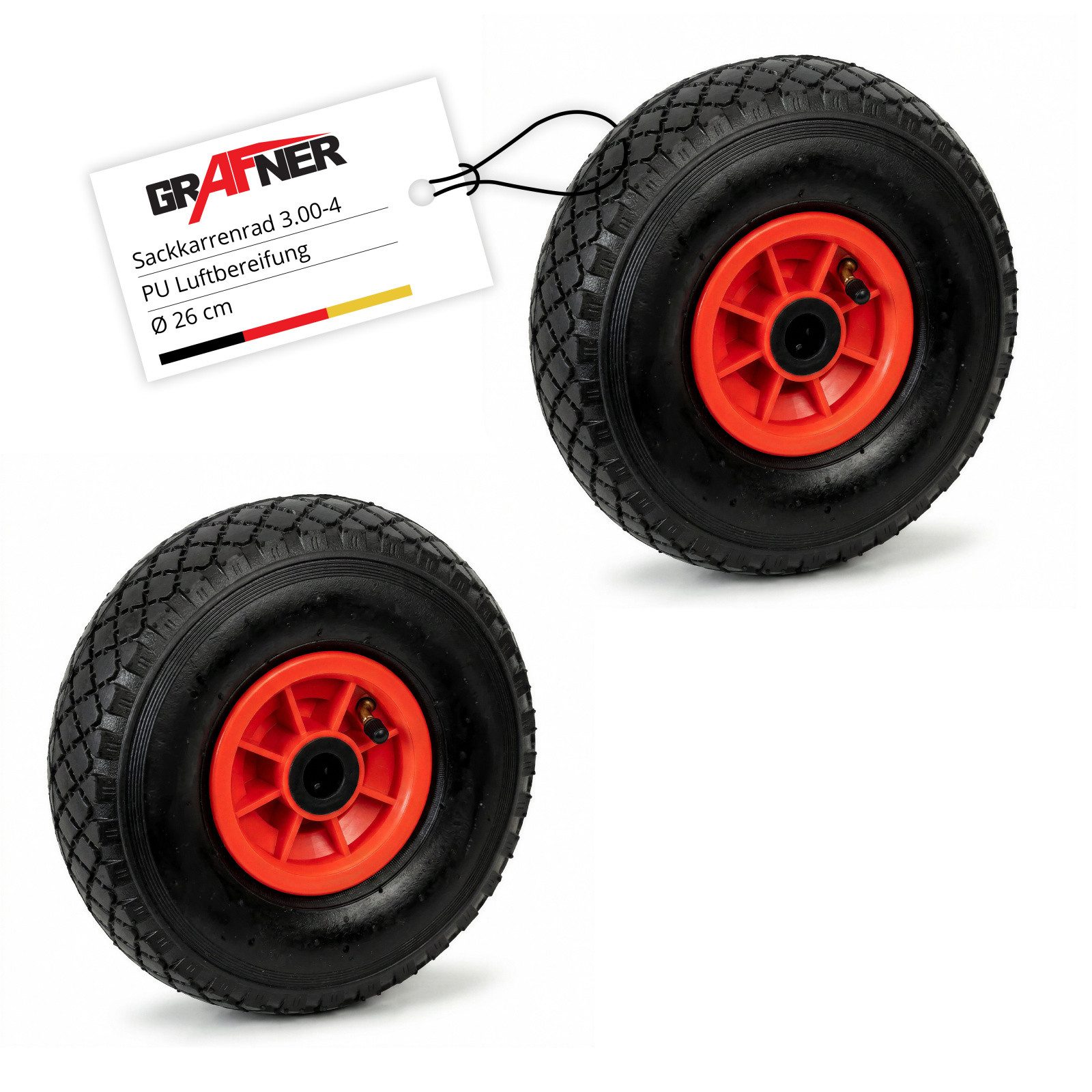 Grafner Sackkarren-Rad Grafner® 2x Sackkarren Bollerwagenrad 3.00-4 PU Luftbereifung Kunststo, Gesamt Duchmesser: 26 cm, Reifenbreite: 8 cm, Nabenlänge: 7 cm
