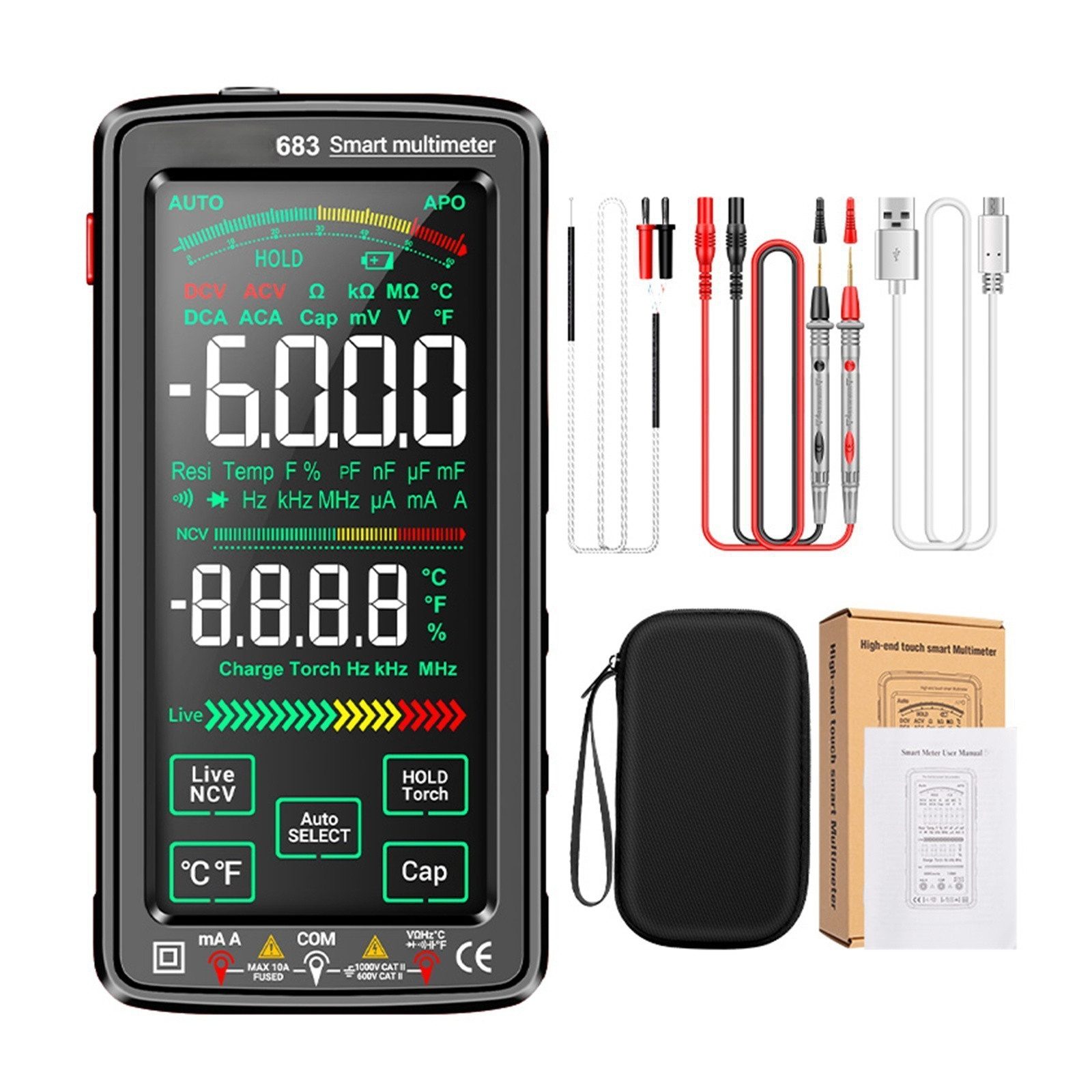 Spannungsprüfer Digital wiederaufladbar Universalmessgerät Tester mit Taschenlampe