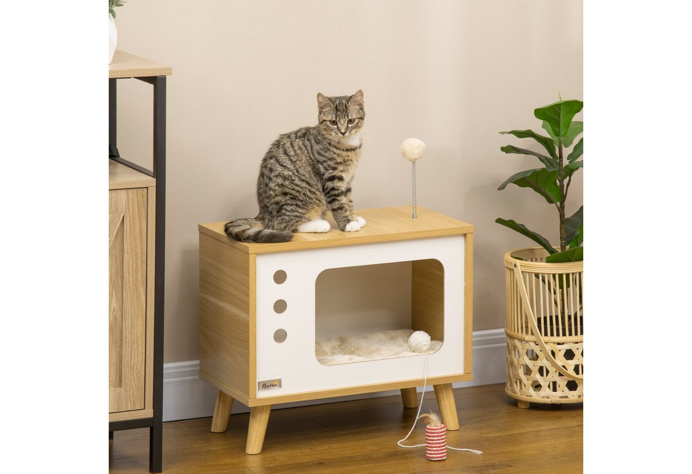 Thumbnail - autolock Katzenzelt Katzenhaus im TV-Design,Katzenhöhle,Katzenkorb mit Spielball, 50x28x43cm,mit waschbares Kissen