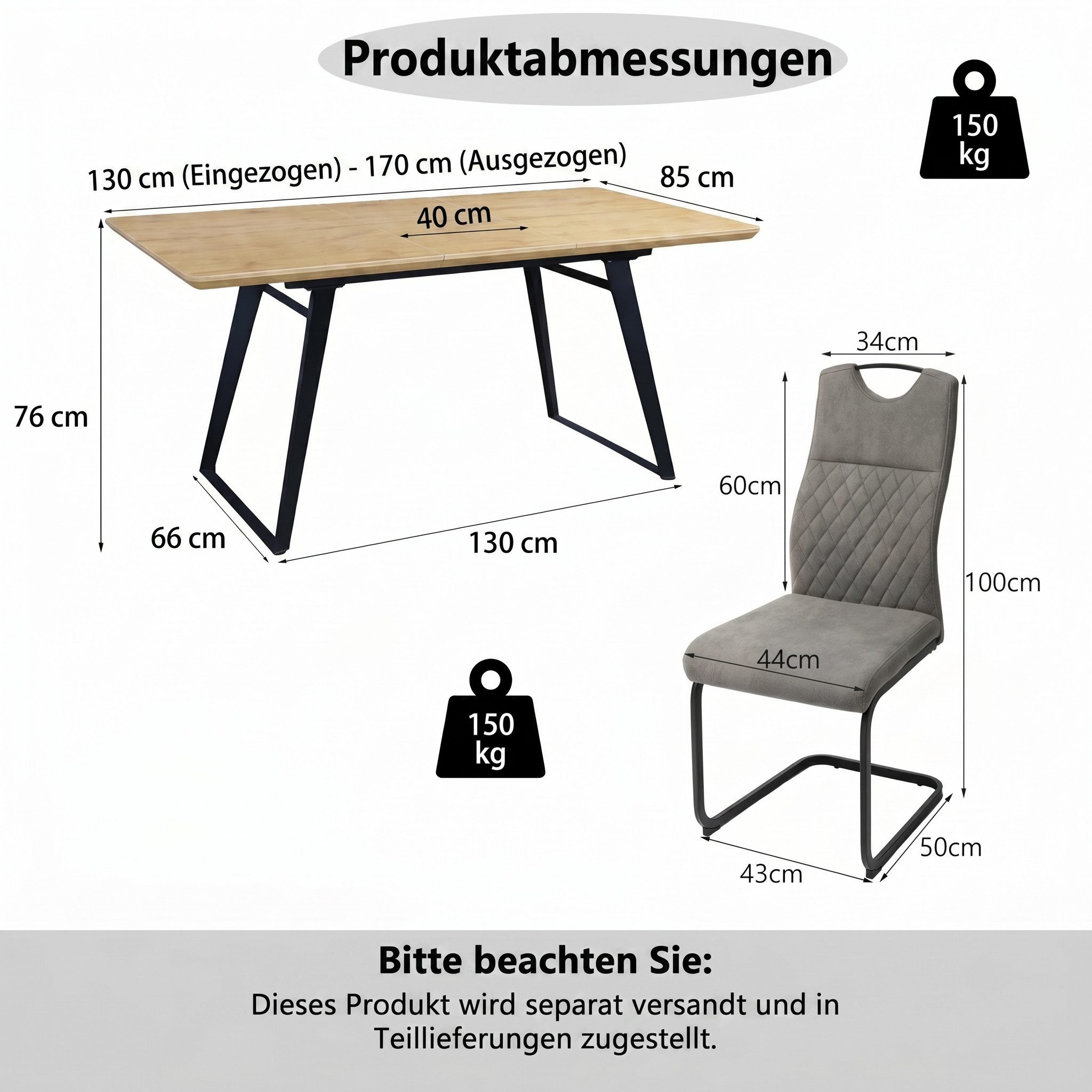 Jiexi Essgruppe Essgruppe ausziehbar Eiche-Optik MDF Tisch mit Freischwinger