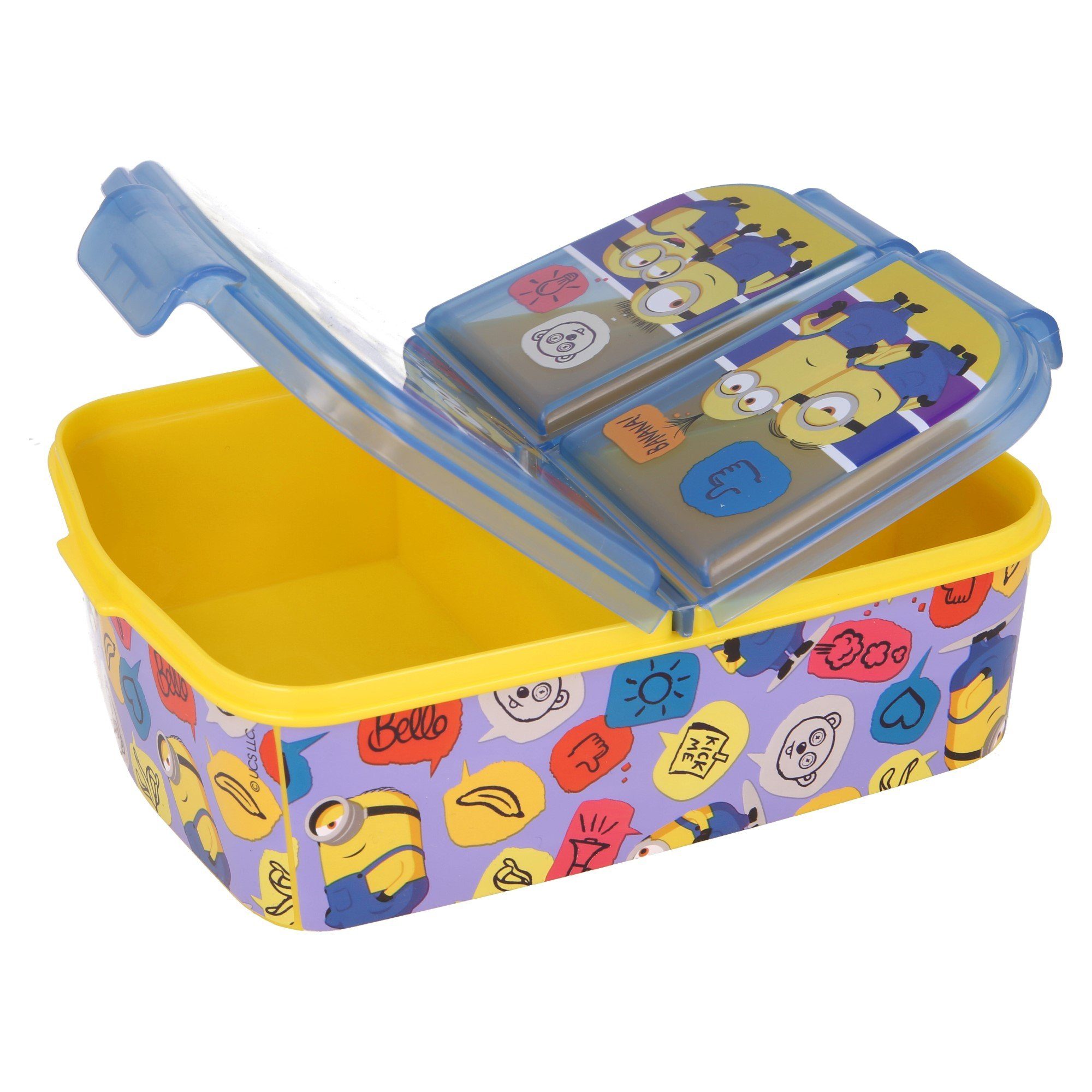 Minions Lunchbox, Kunststoff, Kinder Brotdose gelb frei mit 3-Fach-Unterteilung BPA