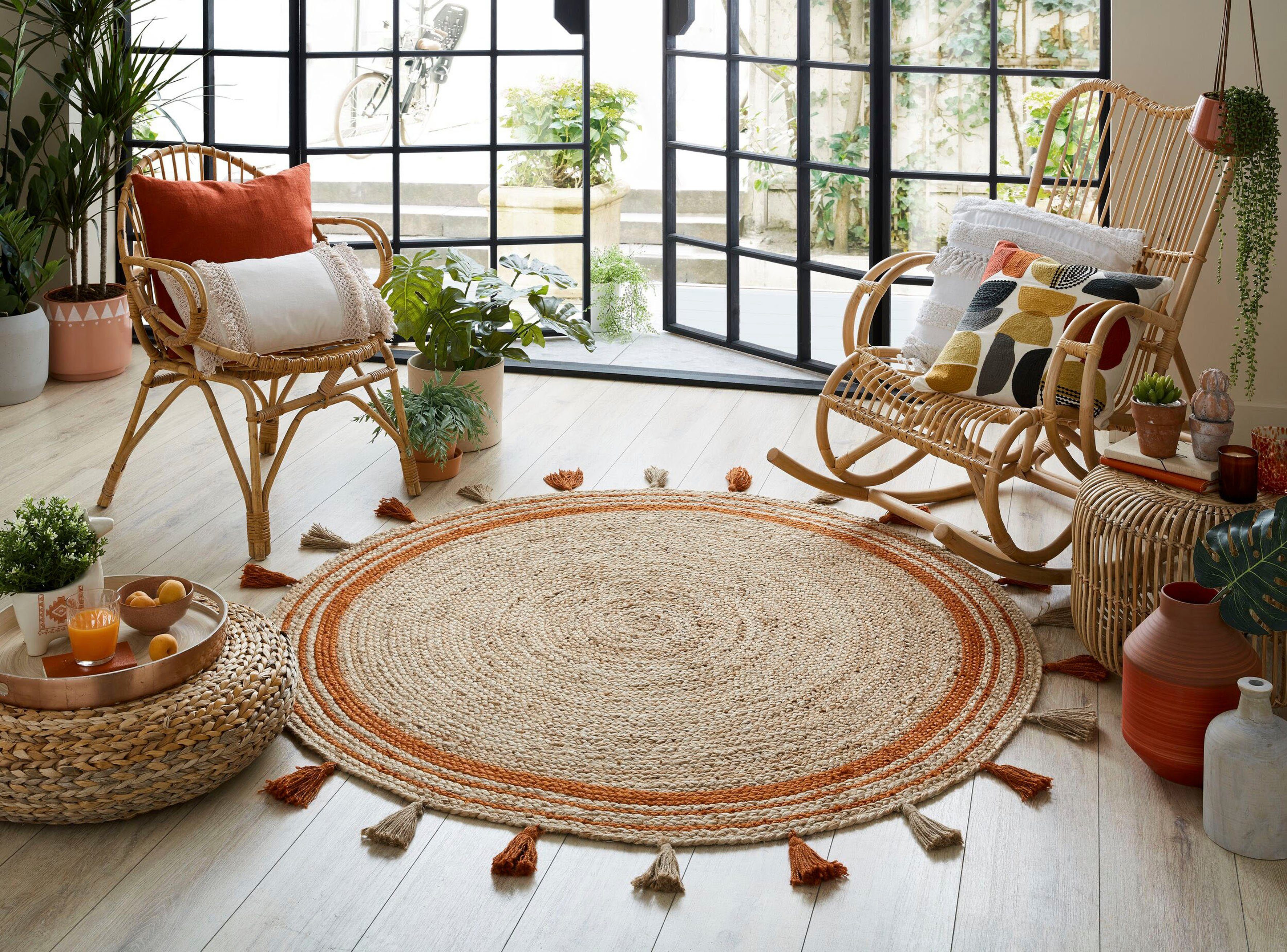 rund, 100% Quasten FLAIR aus RUGS, Istanbul, Bordüre & 7 mit Jute, mm, orange Höhe: Teppich