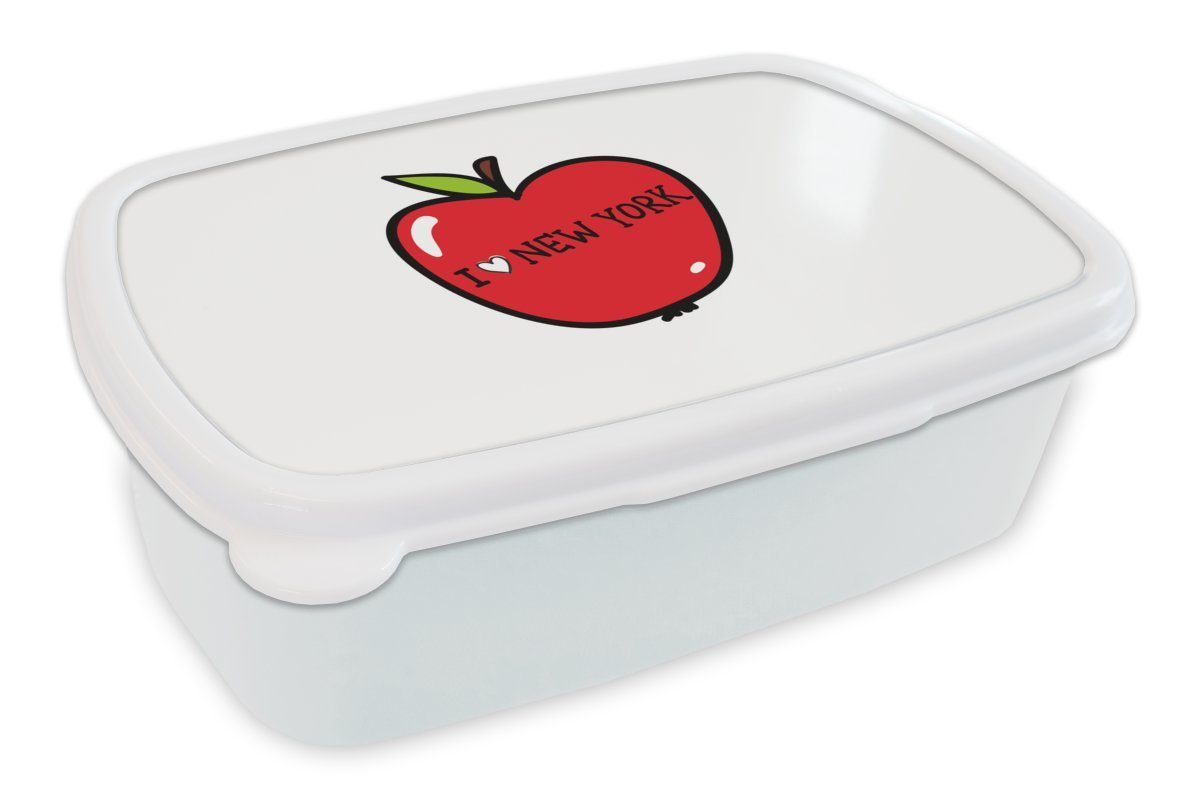 MuchoWow Lunchbox New York - Apfel - Rot, Kunststoff, (2-tlg), Brotbox für Kinder und Erwachsene, Brotdose, für Jungs und Mädchen weiß