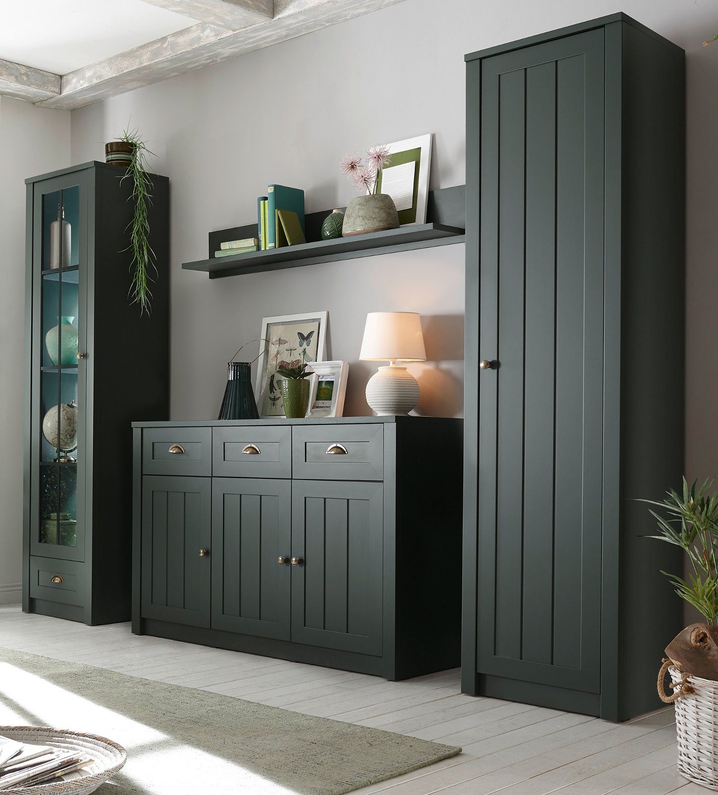 Furn.Design Wohnwand Forres, (Schrankwand in mattem Landhaus Grün, 4-teiliges Set ca. 270 x 197 cm), mit viel Stauraum