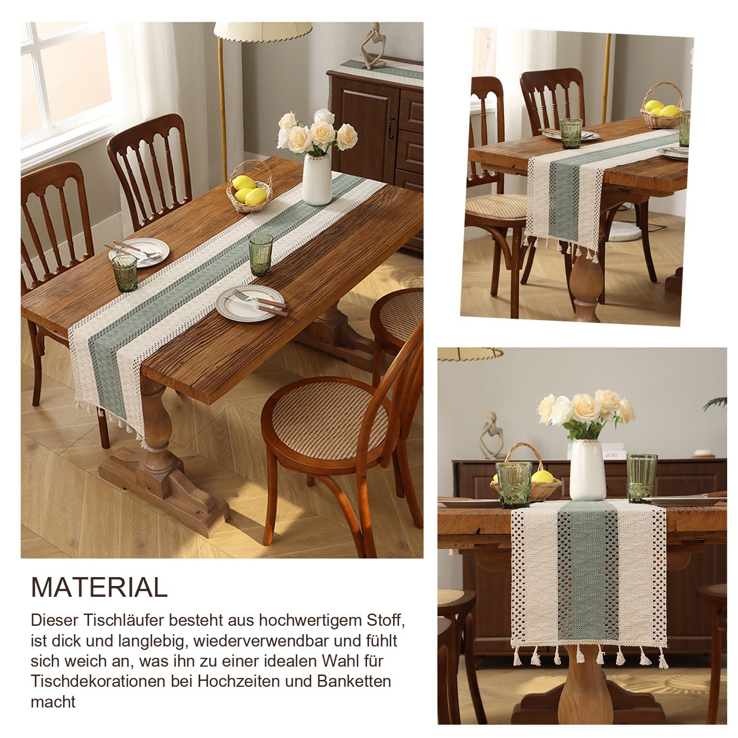 Refttenw Tischläufer Tischläufer mit Quastenbesatz,Boho-Makramee-Tischläufer,Tischdeko