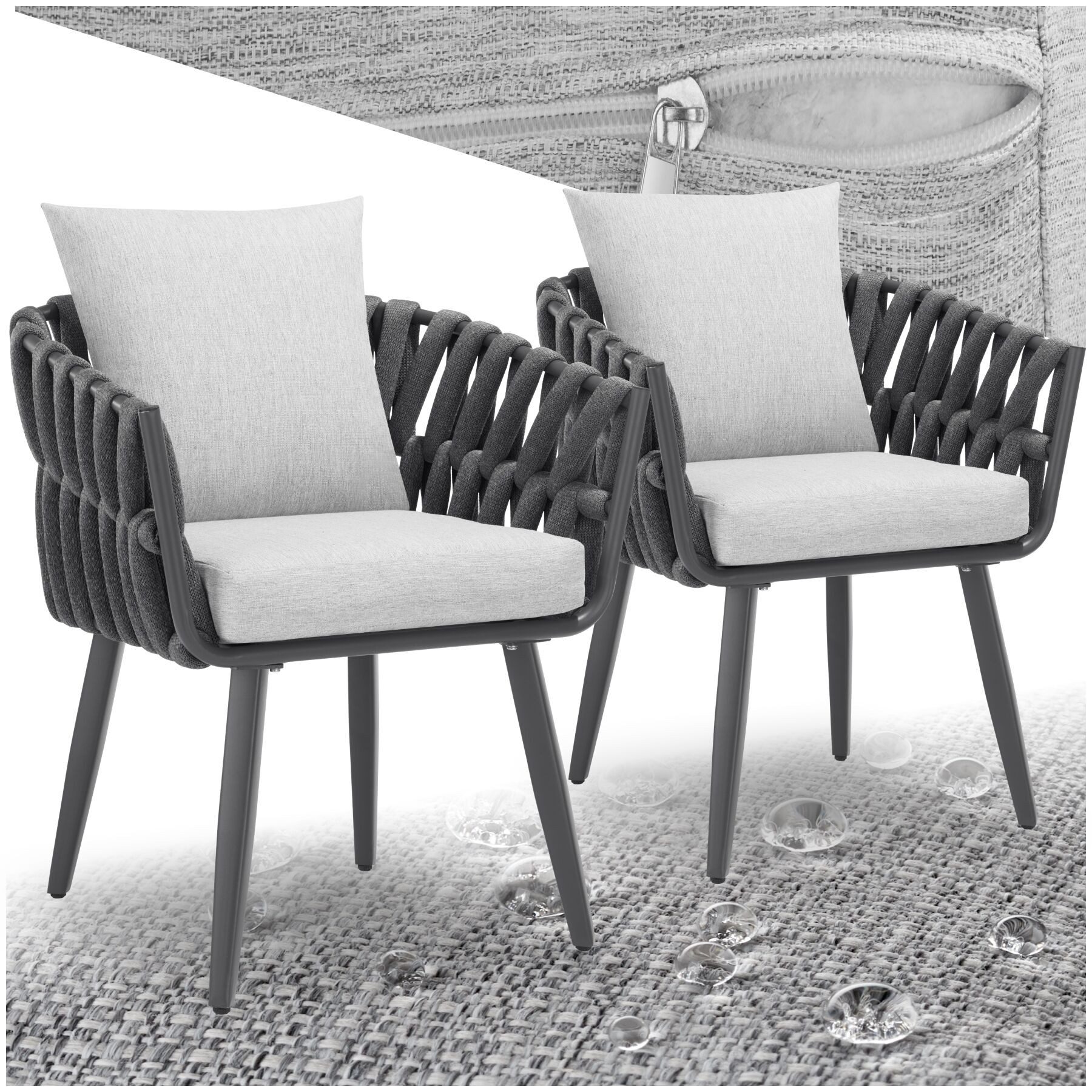 tectake Gartenstuhl Aluminium Outdoorstuhl Set im Rope-Design, wetterfest (Aluminium Stühle 2er Set, 2 St), Belastbarkeit je 120 kg, höhenverstellbare Kunststofffüße, Inkl.