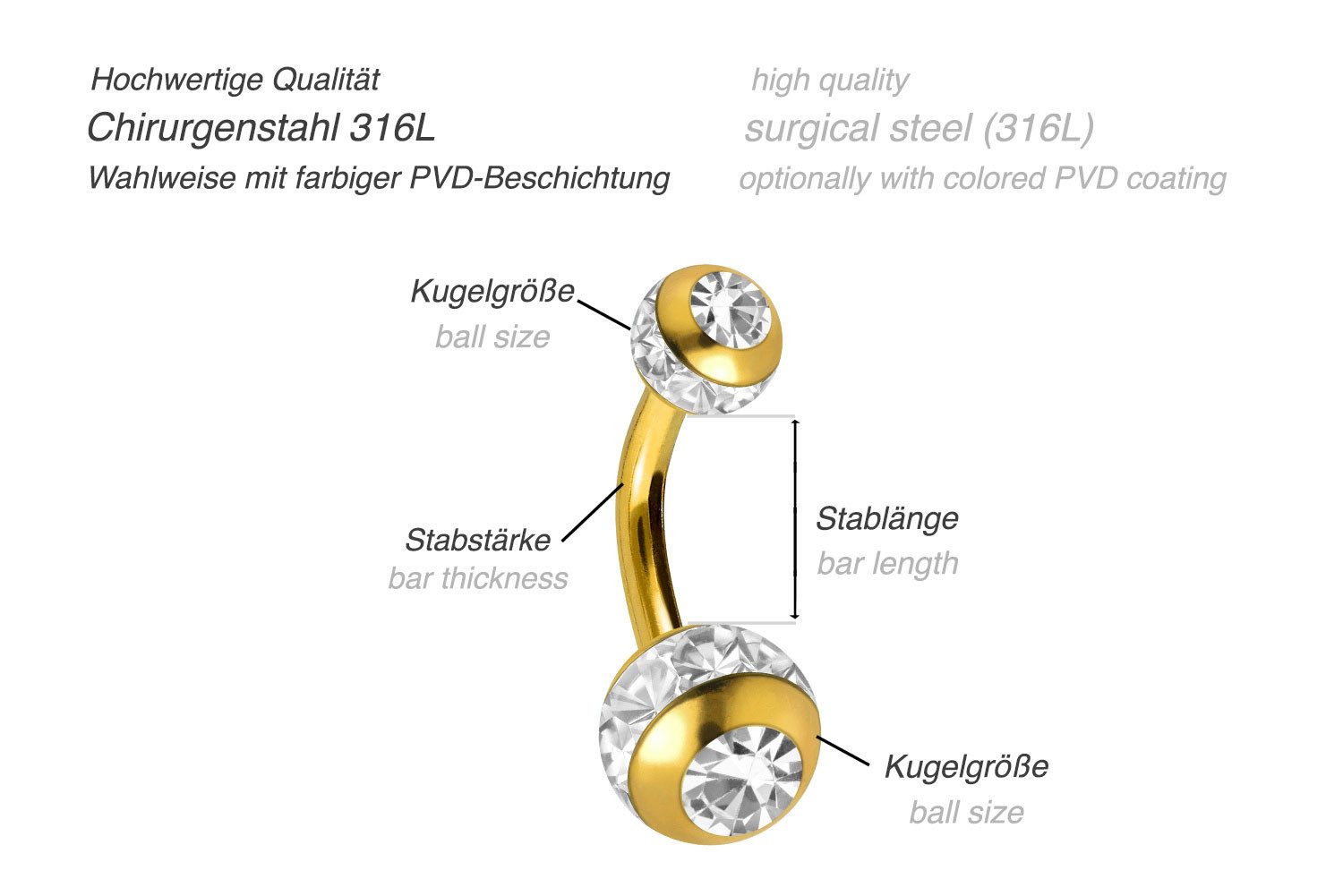 PIERCINGLINE Bauchnabelpiercing Chirurgenstahl Mini Bananabell EPOXY-RING-KUGELN + KRISTALLE (Bananabells, 1-tlg)