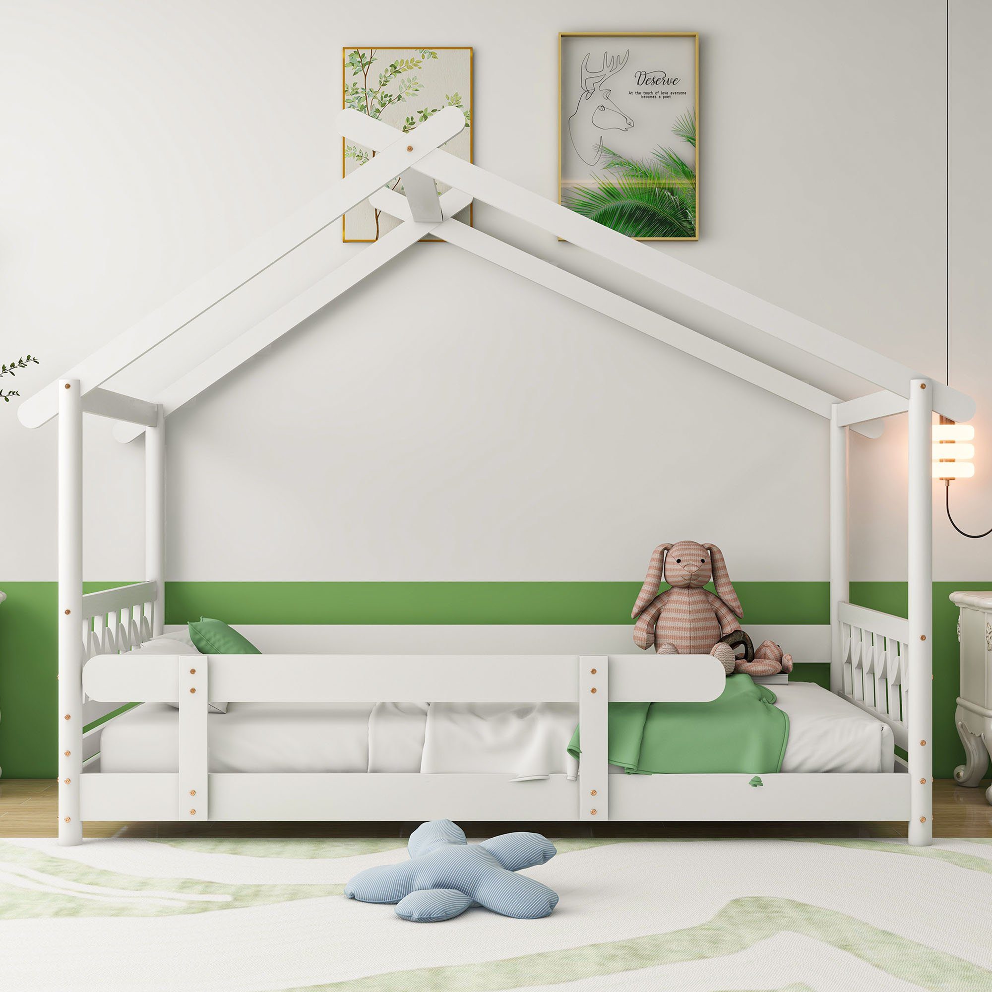 Ohne mit Gitter Jugendliche Lattenrost), Kinder Hausbett Kinderbett OKWISH Weiß Matratze Gästebett und und 200x90cm, (Mit für Holzbett Rausfallschutz Funktionsbett