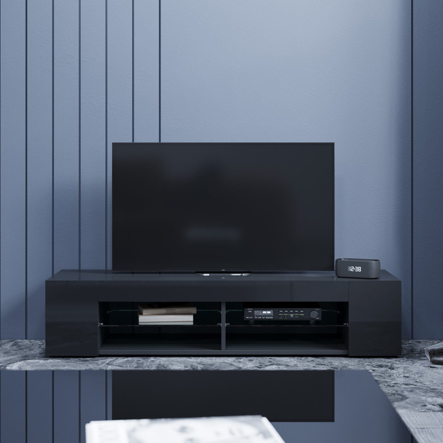 SONNI Lowboard Breite:135cm TV Unterschrank Schwarz Hochglanz mit LED Beleu günstig online kaufen