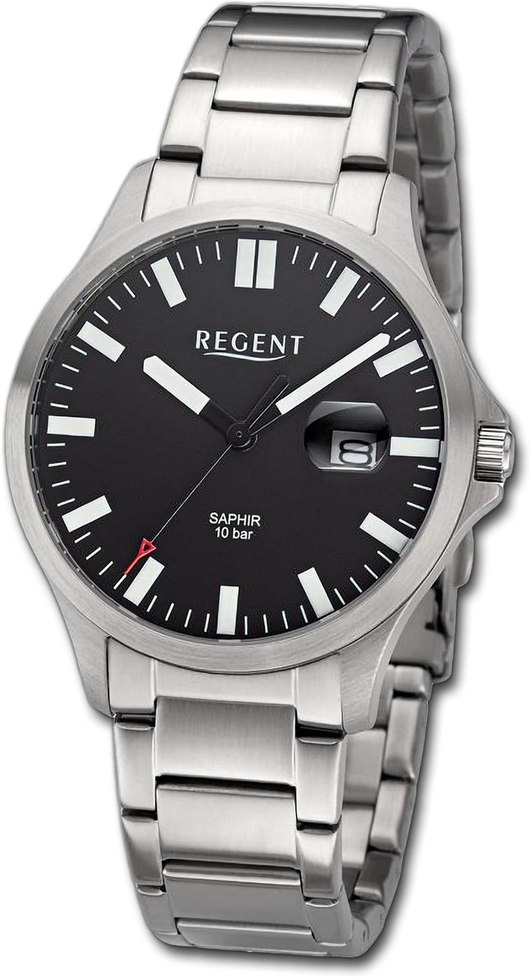 Regent Quarzuhr Regent Herren Armbanduhr Analog, Herrenuhr Metallarmband silber, rundes Gehäuse, extra groß (ca. 40mm) | Quarzuhren