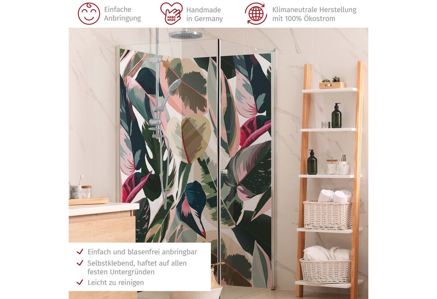 Thumbnail - Bilderdepot24 Badrückwand Muster grün Duschrückwand ohne Bohren Dusche Tropisch, (2-tlg., Hart-Folie Premium matt 0,61 m...