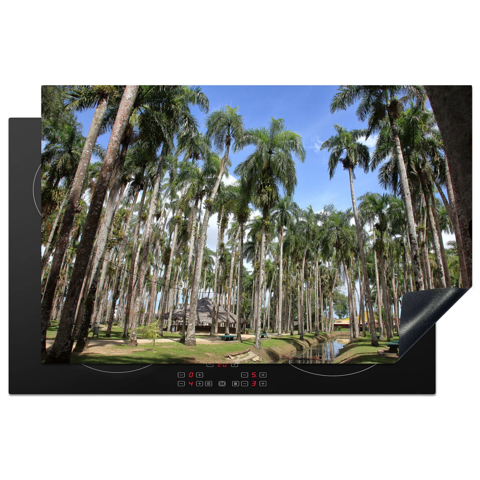 MuchoWow Herdblende-/Abdeckplatte Garten voller Palmen in Paramaribo, Vinyl, (1 tlg), 81x52 cm, Induktionskochfeld Schutz für die küche, Ceranfeldabdeckung