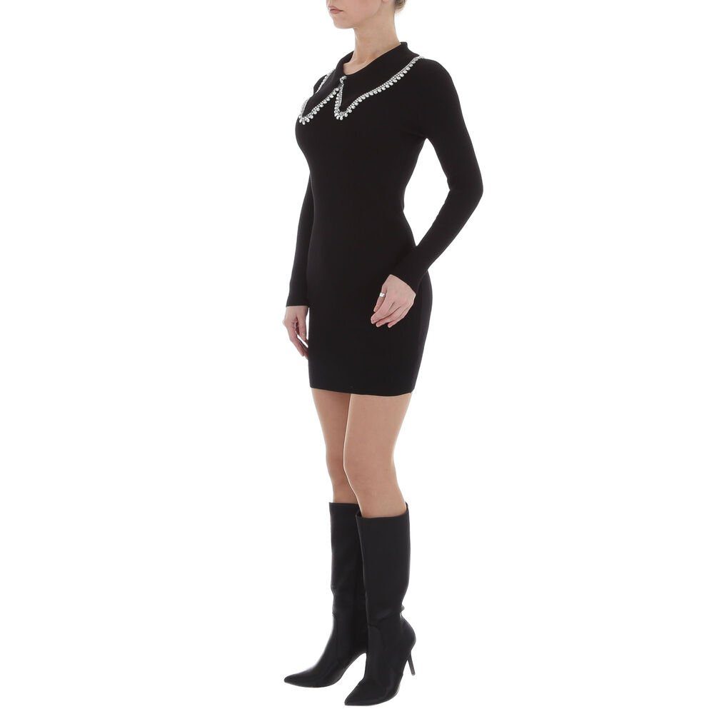 Damen Stretch Party in Strickkleid & Ital-Design Strickoptik Schwarz Minikleid Clubwear Strass