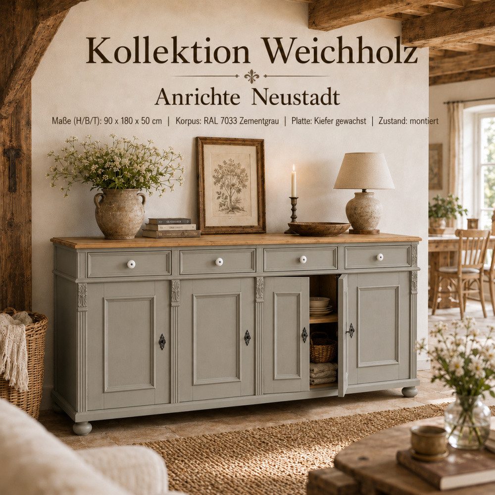 Wohnpalast Sideboard Landhaus Anrichte Neustadt aus Weichholz 180 cm Sideboard Zementgrau