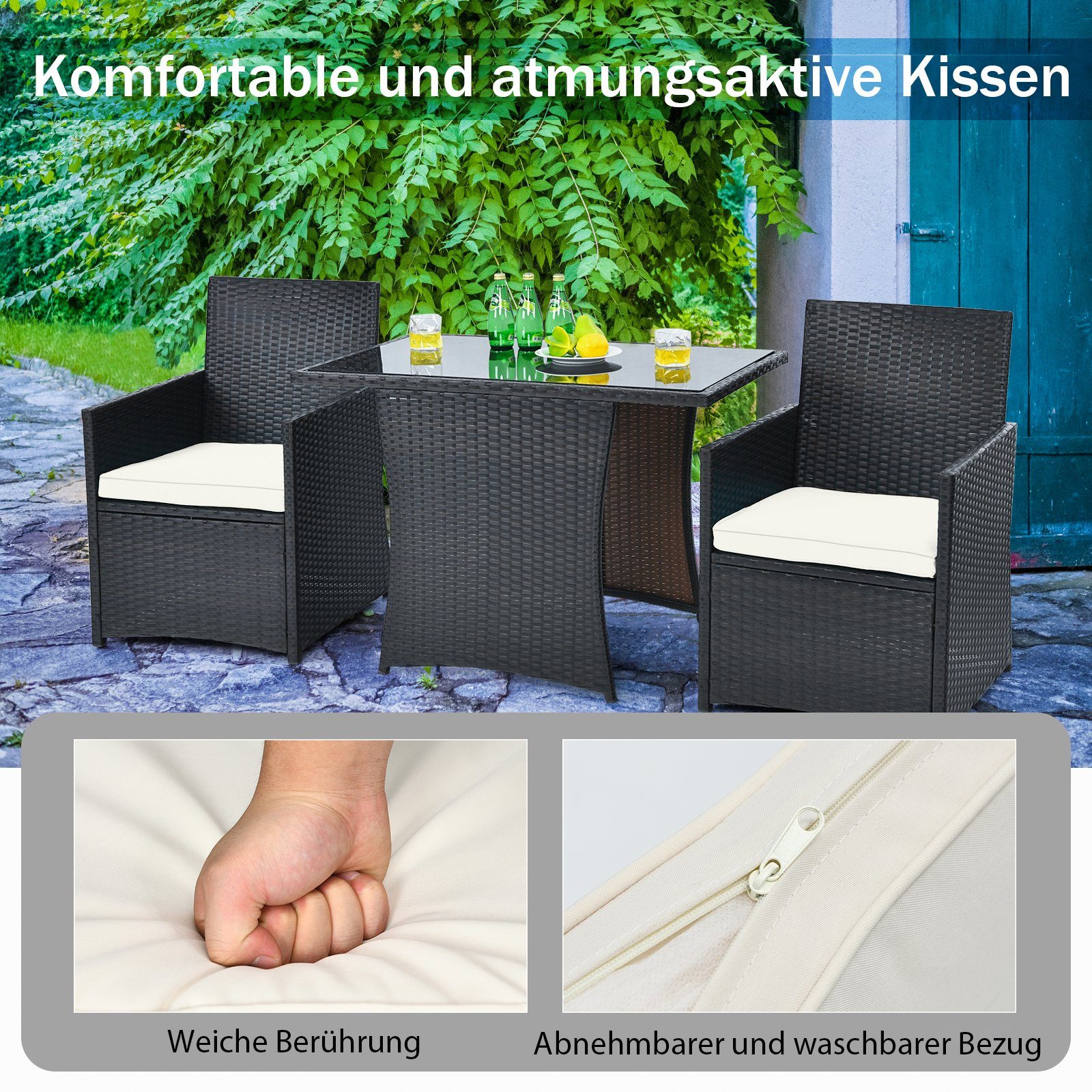 COSTWAY Balkonset, 3 teilig, Rattan, 2 Personen, mit Sitzkissen