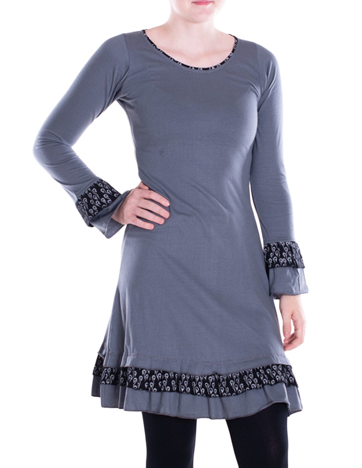 Vishes Midikleid Damen knielang Kleid Baumwolle Blumen-Muster Lagenlook-Design Rüschen Alternative Bekleidung, Ethno, Hippie, Retro Style