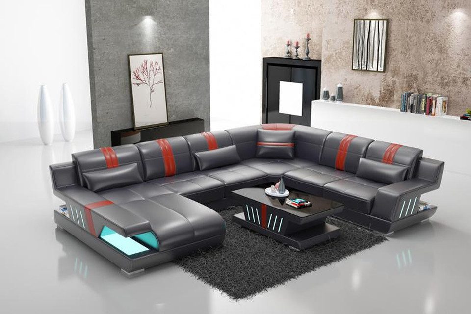 Xlmoebel Wohnlandschaft U-Form Sofa mit Lederpolsterung und integrierter Beleuchtung, Hergestellt in Europa