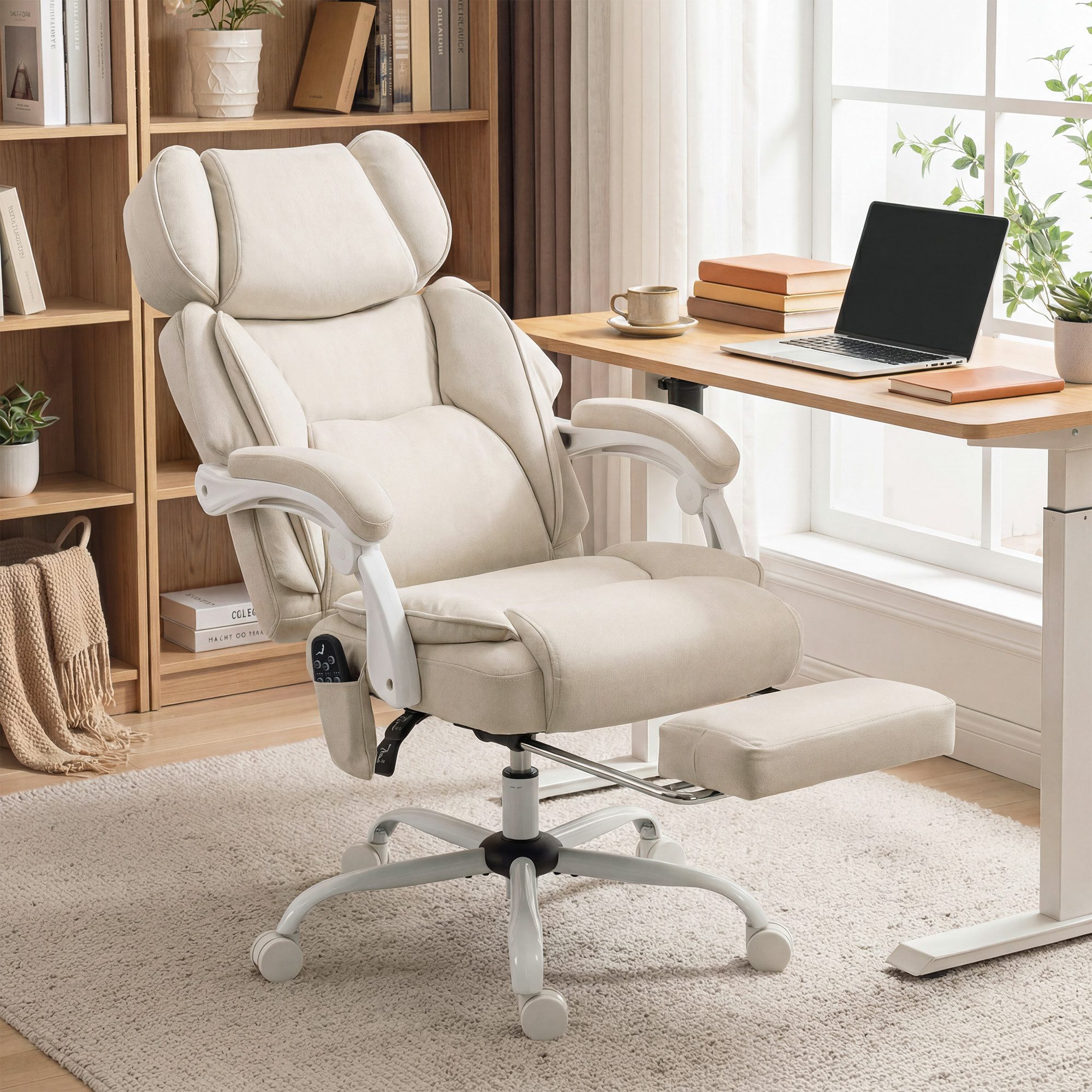 HOMCOM Schreibtischstuhl Bürostuhl Ergonomisch Drehstuhl mit Lordosenstütze Cremeweiß (Computerstuhl, 1 St), 6-Punkt-Massage, Heizfunktion, Fußstütze