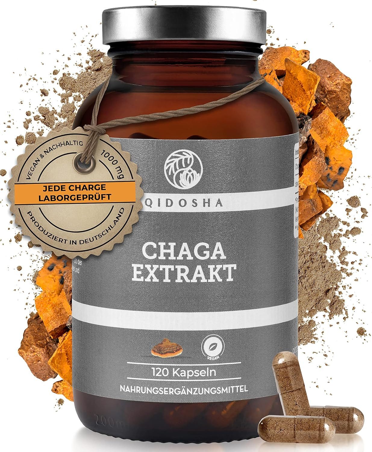 QIDOSHA Chaga Extrakt Kapseln, Chaga Pilz Kapseln hochdosiert, 120 Stk im Glas (kein Plastik), 1000 mg Schiefer Schillerporling Extrakt pro Tagesdosis, aus Wildsammlung von Birken à 120 St., 72 g, Laboren geprüft & Made in Germany