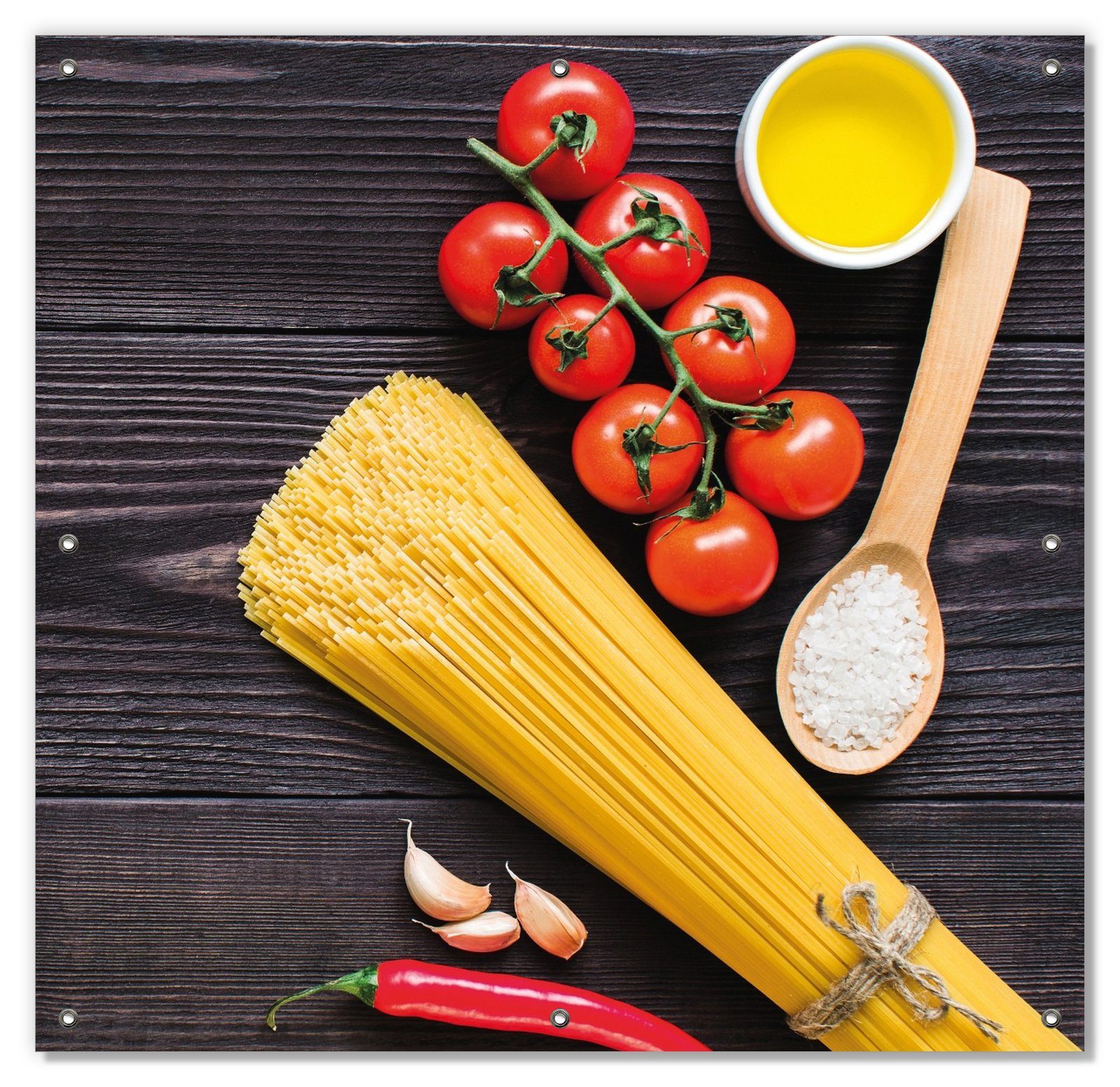 Sonnenschutz Italienisches Menü mit Spaghetti, Tomaten, Salz und Chilischoten, Wallario, blickdicht, mit Saugnäpfen, wiederablösbar und wiederverwendbar