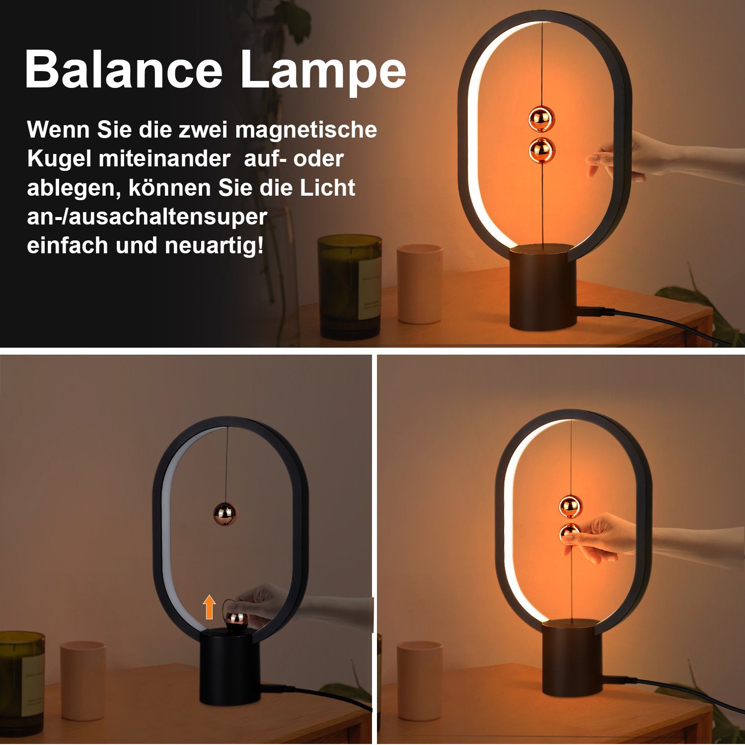 ZMH Tischleuchte Nachttischlampe Balance Morden Magnetischer Magnetlampe fest Schlafzimmer, integriert, Schalter USB LED Warmweiß