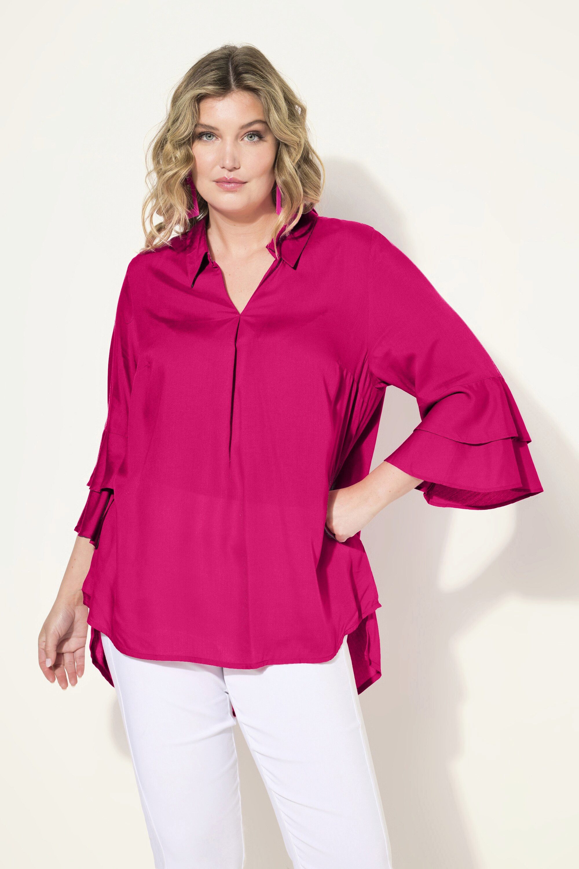 Hemdbluse Bluse A-Linie Satin 3/4-Ärmel mit Doppelvolant