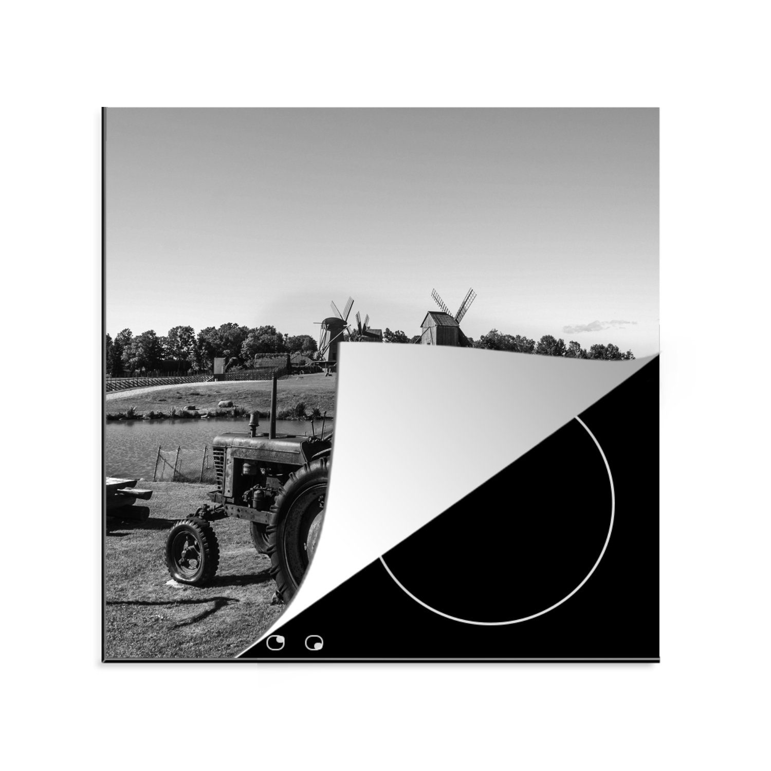 MuchoWow Herdblende-/Abdeckplatte Estland - Traktor - Schwarz - Weiß, Vinyl, (1 tlg), 78x78 cm, Ceranfeldabdeckung, Arbeitsplatte für küche