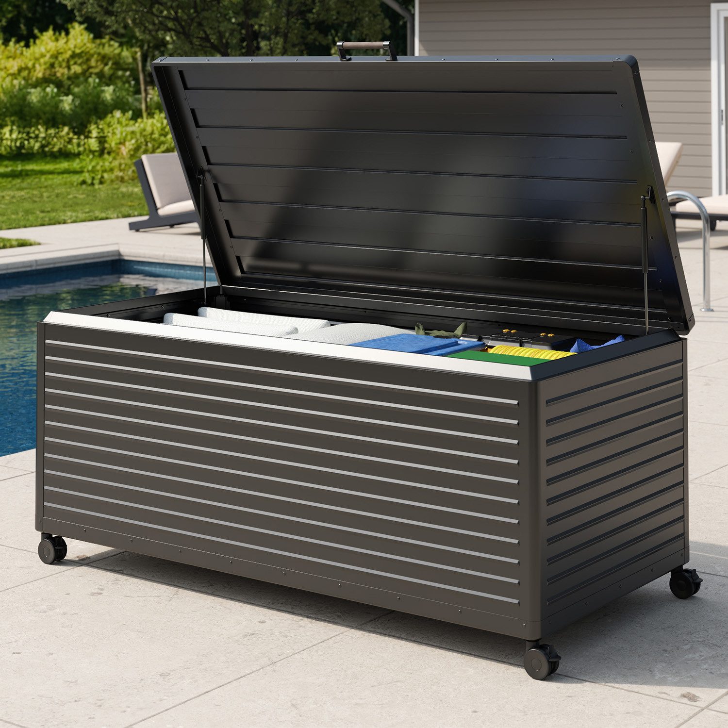 Mirador Auflagenbox Gartenbox Aluminium Anthrazit Kissenbox fur Garten Balkon (Komplett-Set, 1-tlg), Rollbar, Haltegriffe, Gasdruckfedern