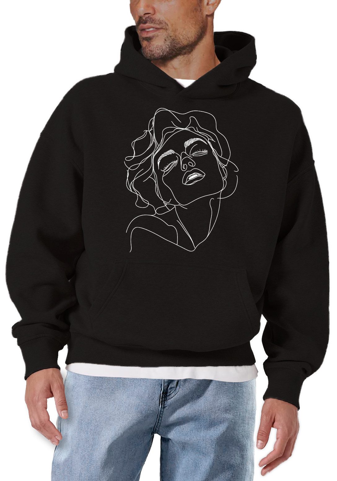 MAKAYA Kapuzenpullover mit Frauenkopf für Männer Sweatshirt Frauengesicht (Schwarz, S, M, L, XL, XXL, 3XL, 4XL) Baumwolle