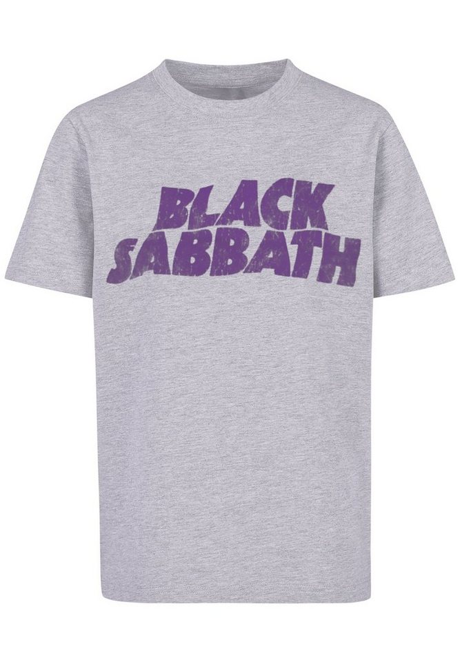 F4NT4STIC T-Shirt Black Sabbath Heavy Metal Band Wavy Logo Distressed Black  Print, Das Model ist 145 cm groß und trägt Größe 145/152