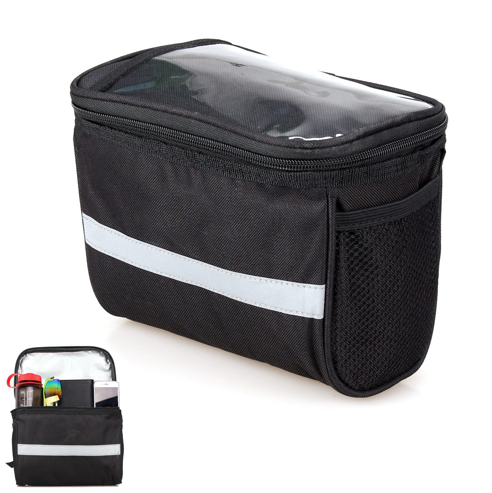 REDOM Fahrradtasche Vordertasche für Fahrrad Bike-Tasche Rahmentasche Tasche für Lenker (21x16.5x13 cm mit reflektierendem Streifen und Aluminiumfolien Design, 1-tlg., verstellbar, 2 Seitentaschen, Navigation Handytasche, für Touchsteuerung), für ebike MTB Rennrad Pendlerreise usw im Freien