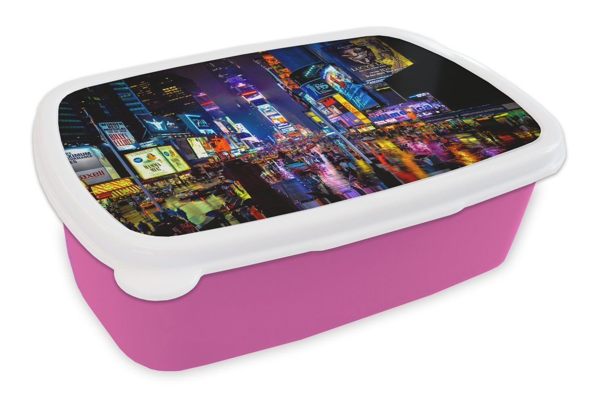 MuchoWow Lunchbox New York - Regen - Nacht, Kunststoff, (2-tlg), Brotbox für Erwachsene, Brotdose Kinder, Snackbox, Mädchen, Kunststoff rosa
