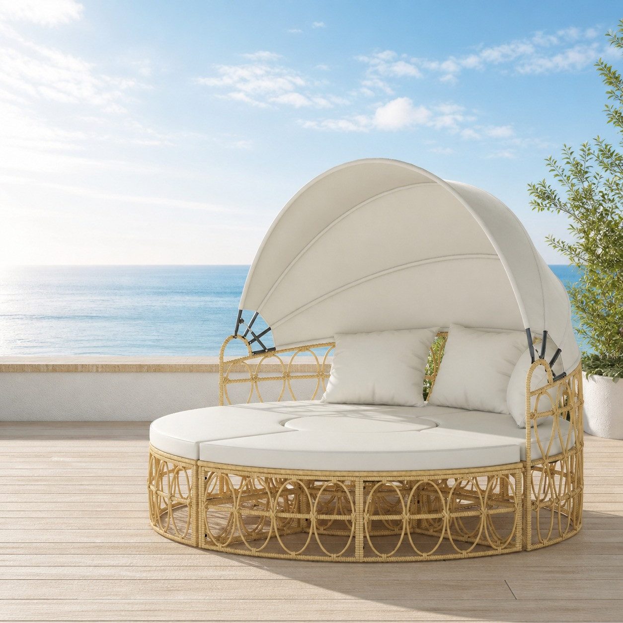 REDOM Sonneninsel 4-teilig Beige mit Rattan Design 178B x 85T x 66,5H cm, Terrassenmöbel Set für Garten, Balkon und Entspannungsbereich 4 Teile, Outdoor Lounge mit verstellbarem Dach und Polsterkissen