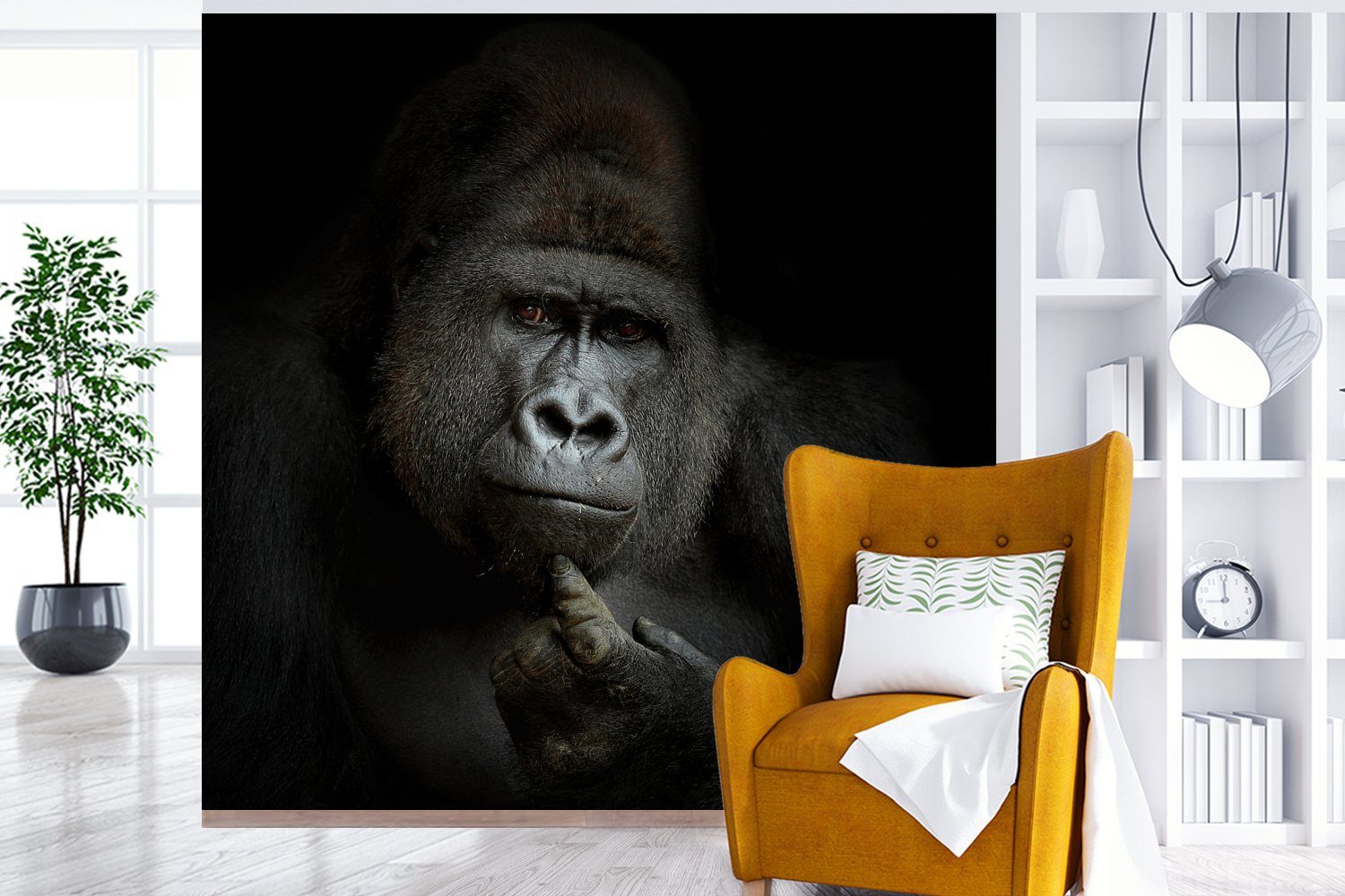 MuchoWow Fototapete Gorilla - Affe (4 Küche, Wohnzimmer Fototapete Vliestapete - Schwarz - Tiere weiß, Matt, für bedruckt, St), und Schlafzimmer