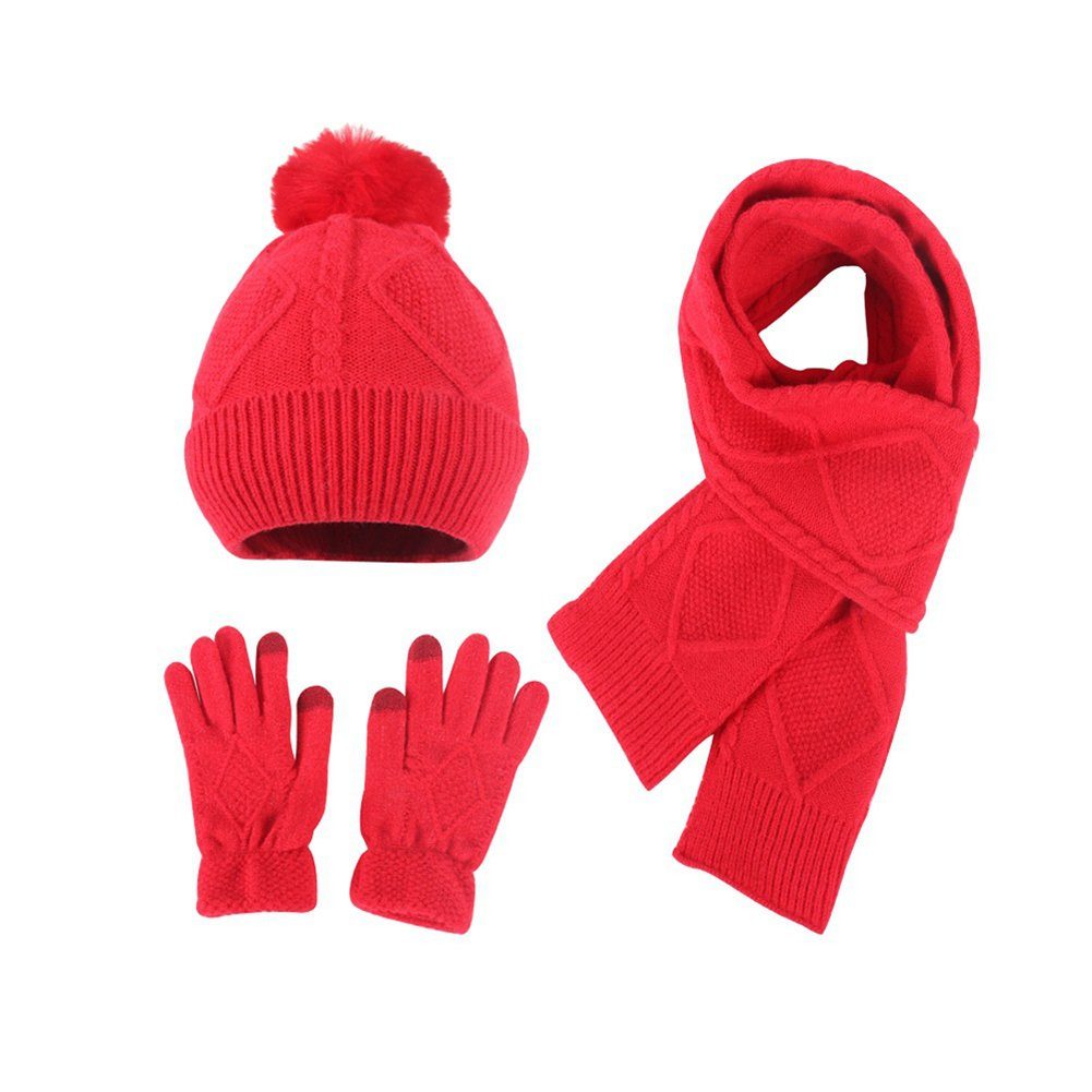 LYDMN und Schal Strickhandschuhe Set,Winterliche Thermohandschuhe 3-teiliges Handschuh, Wärme Mütze Schal rot Wintermütze