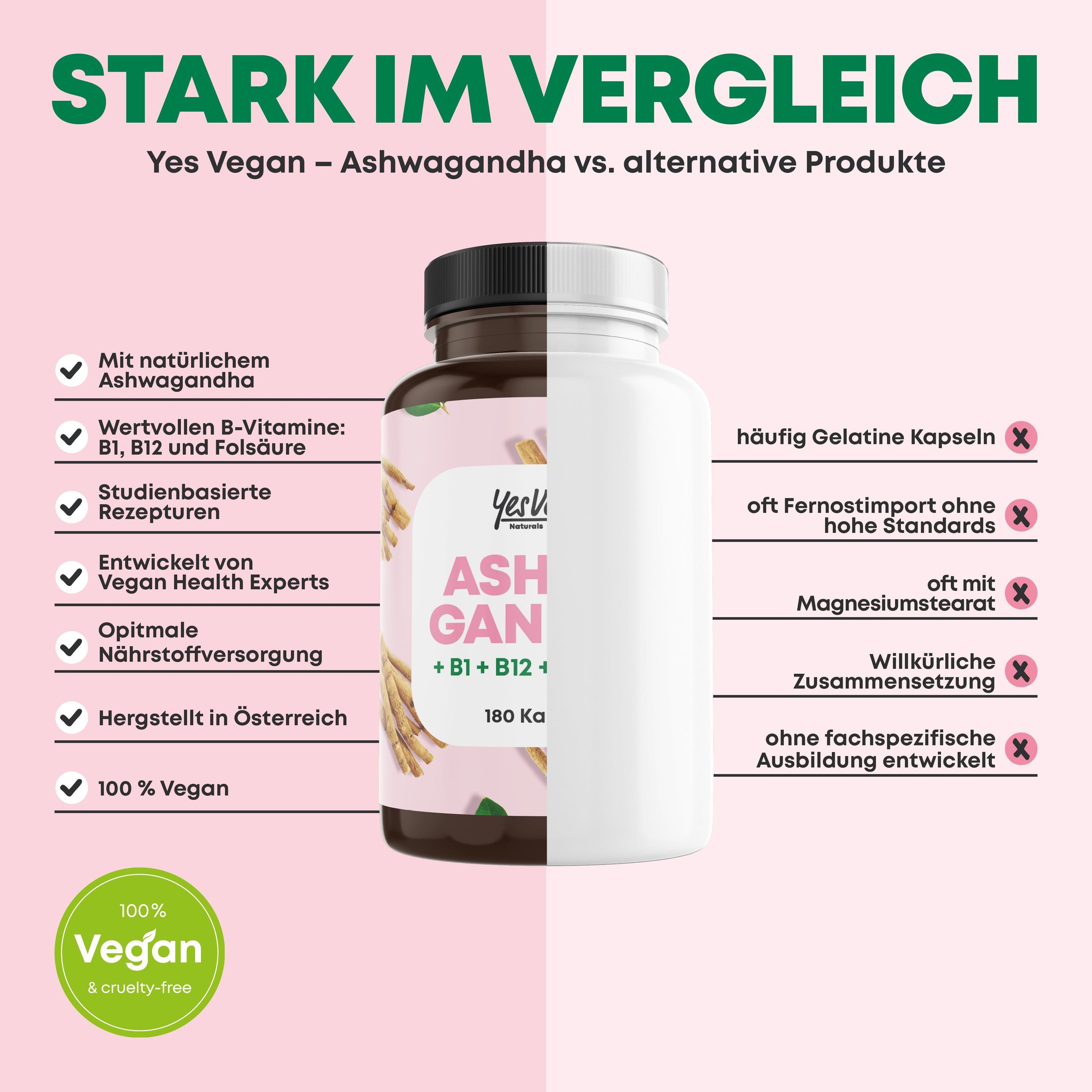 Yes Vegan Ashwagandha Kapseln hochdosiert mit Vitamin B1, B6 & B12 – 180 Kapseln, 1 St., 130 g