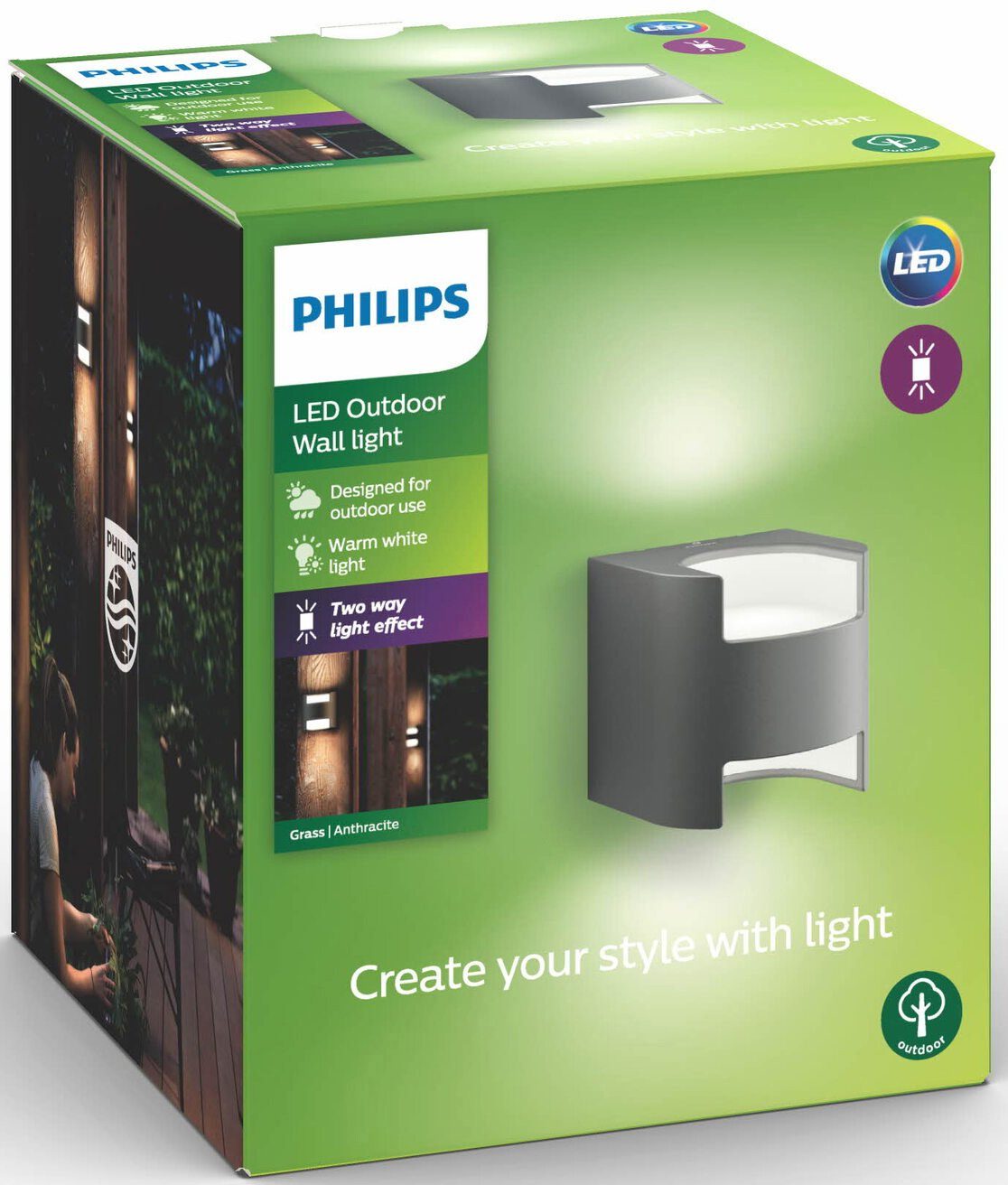 Grass, LED integriert, Anthrazit Philips myGarden fest Wandleuchte LED 800lm Warmweiß, Wandleuchte