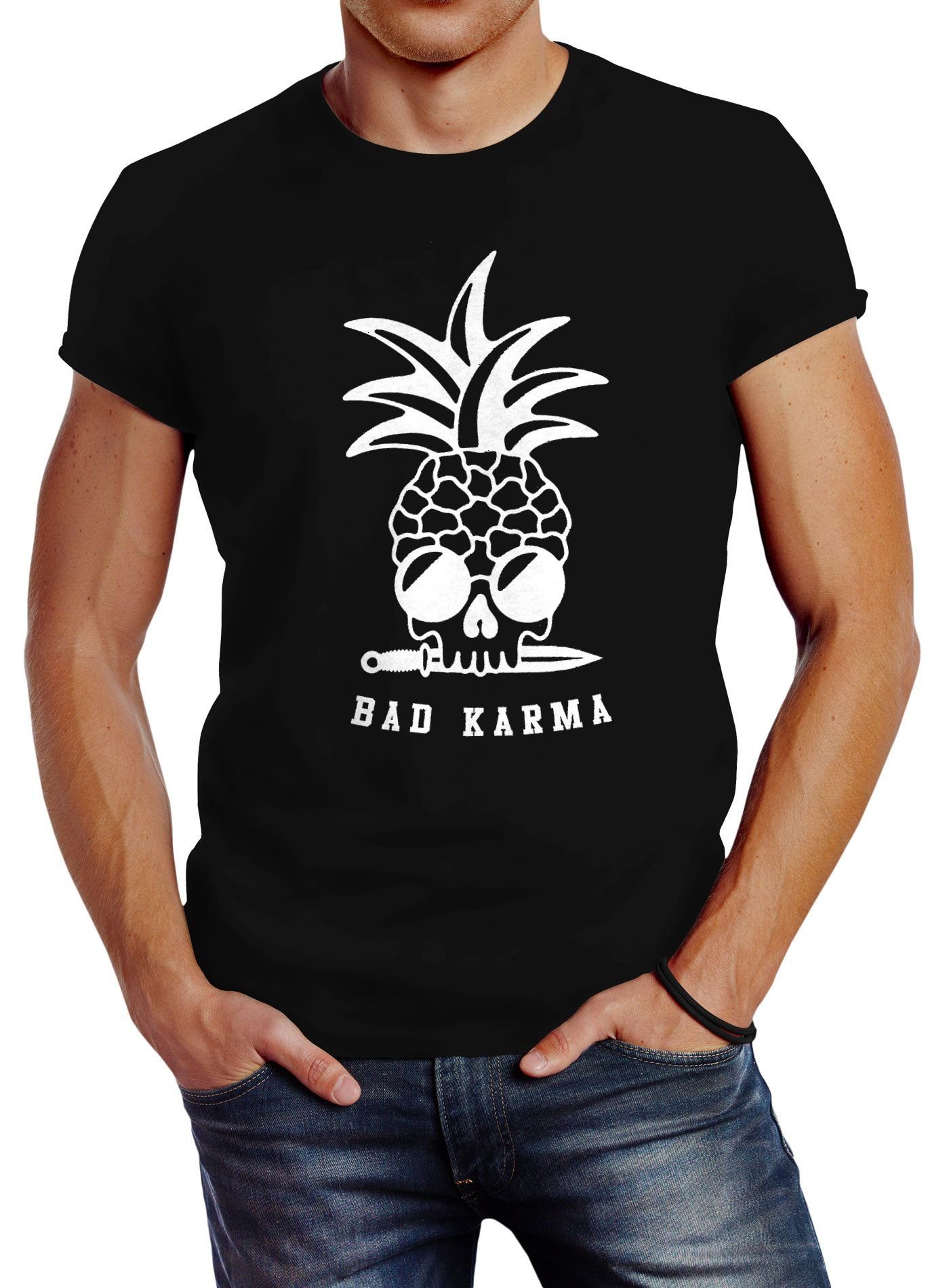 Print-Shirt Neverless® T-Shirt Karma Pineapple Neverless Totenkopf Print Fit Sonnenbrille Ananas schwarz Slim Skull mit Bad Herren