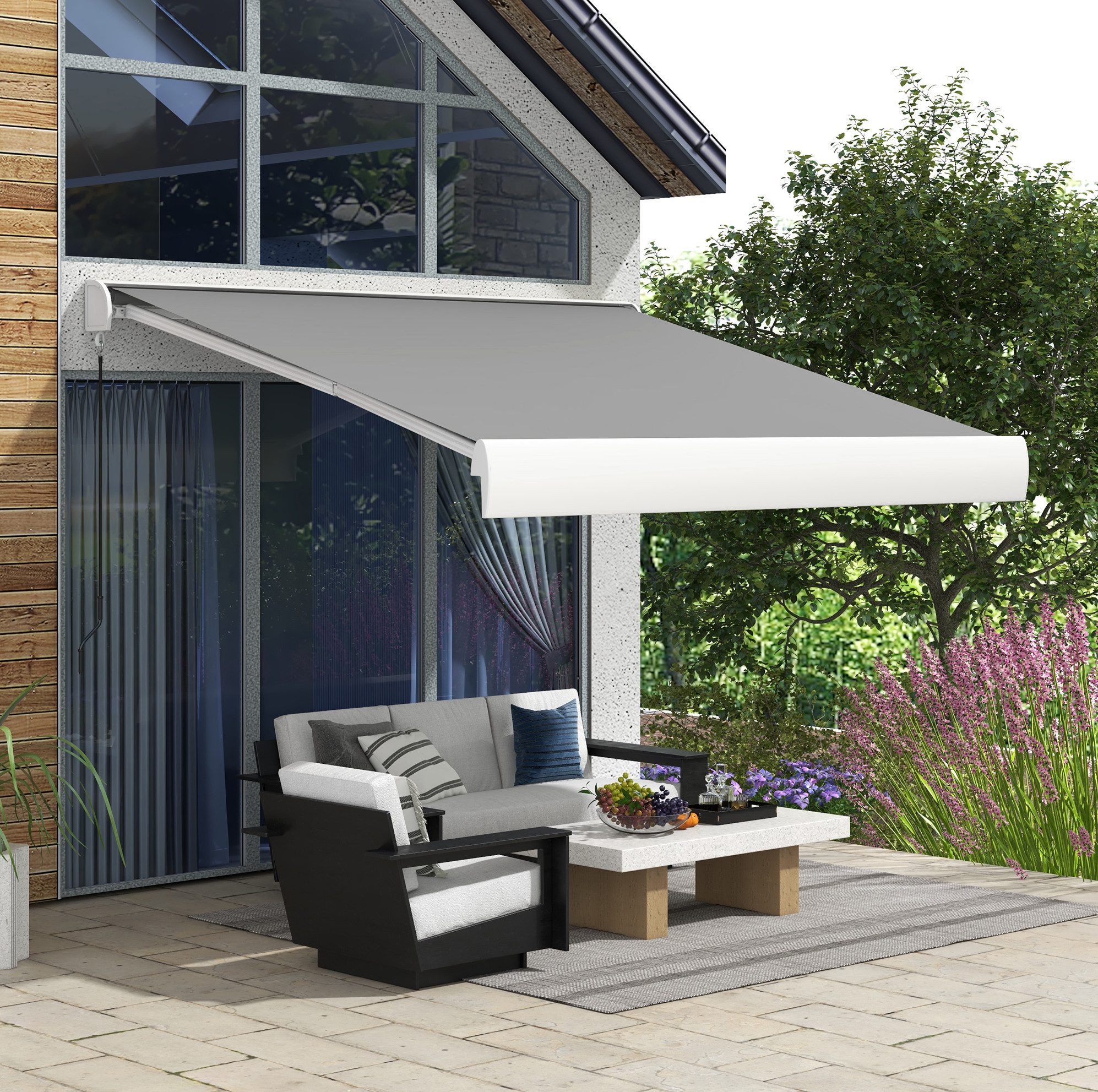 OKWISH Gelenkarmmarkise Markise 295x250 cm Elektrisch Hellgrau – Balkon Markise Aluminium (Packung, 1-St., Aluminium Gelenkarm Markise 3m für Terrasse, wetterfester Sonnenschutz) Markise mit Fernbedienung & Handkurbel, Sonnenschutz für Balkon