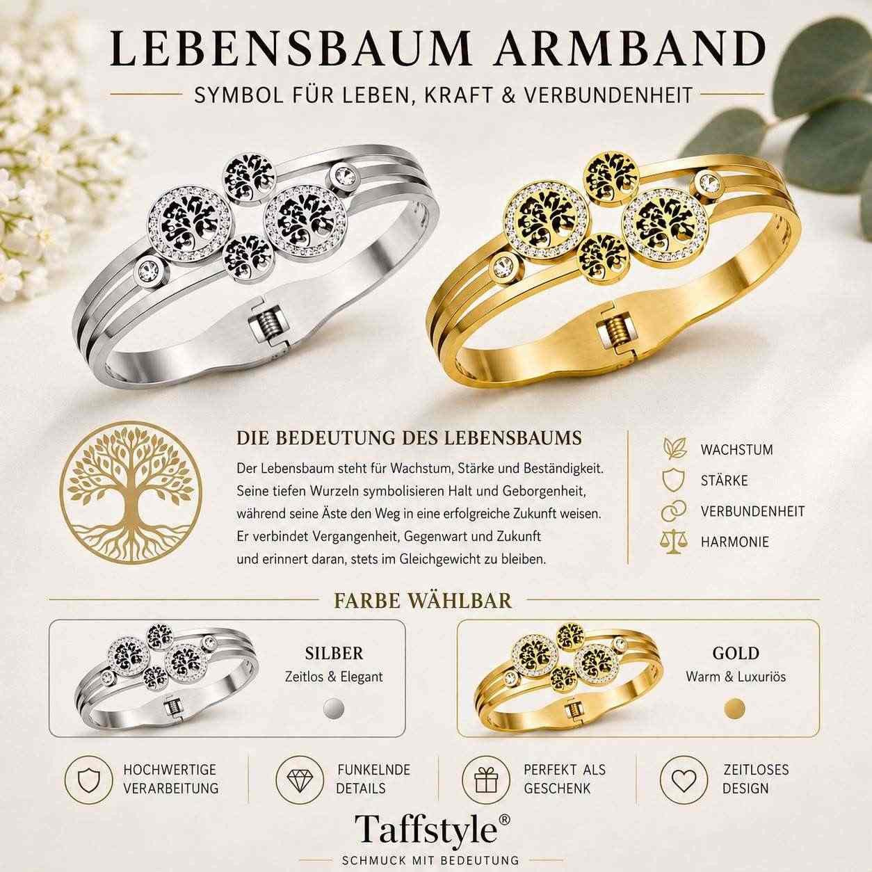 Taffstyle Armband Damen Armband Lebensbaum Armreif Edelstahl mit Kristallen Elegant (Lebensbaum Schmuck tree of life mit funkelnden Details und wählbarer Farbe) – Bild 4 von 5
