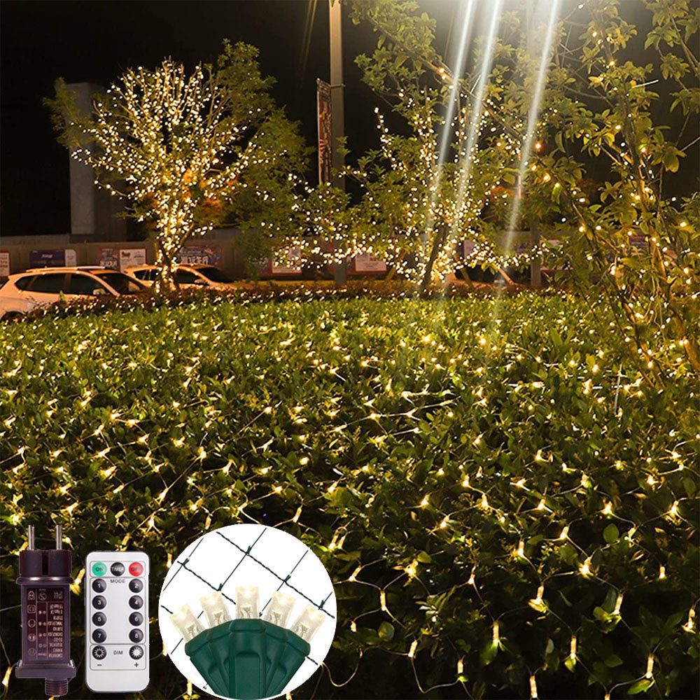 XERSEK LED Gartenleuchte 4,5*1,5M 350Flamming LED Lichternetz Außen  Lichtervorhang Beleuchtung, Warmweiß, LED Lichterkette Mesh Warmweiß  Netzlicht Deko 8Modi Timer